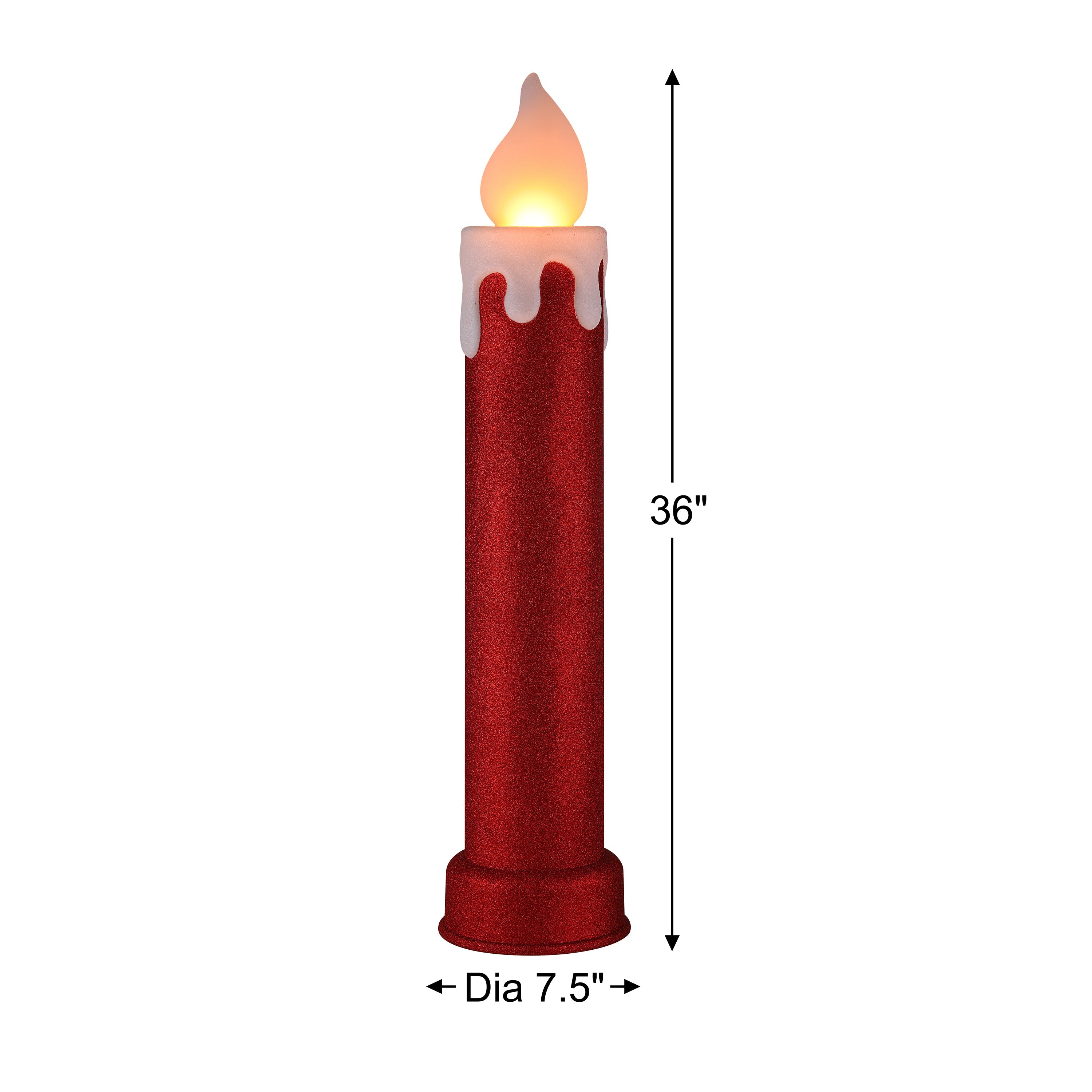 Size diagram showing Mr. Christmas red glitter blow mold candle is 36 inches tall and 7.5 inches wide