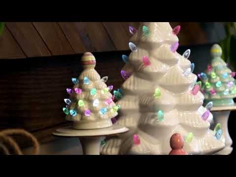 Load video: Mr. Cottontail Set of 3 Ceramic 4.5" Miniature Trees with Easter Egg Toppers