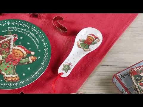 Load video: 12 in. Gingerbread Plate, Spoon Rest & 6-Piece Cookie Cutter Baking Gift Set with Recipe Video Overview
