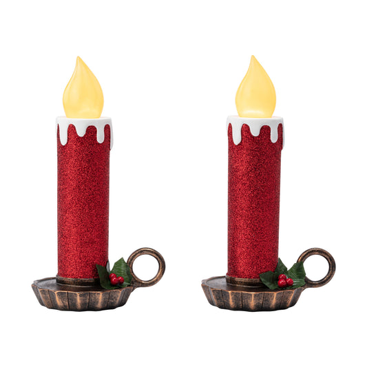 10" Set of 2 Flickering LED Resin Glittery Candles - Red - Mr. Christmas