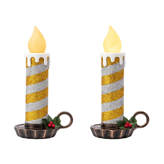 10" Set of 2 Flickering LED Resin Glittery Striped Candles - Gold & Silver - Mr. Christmas