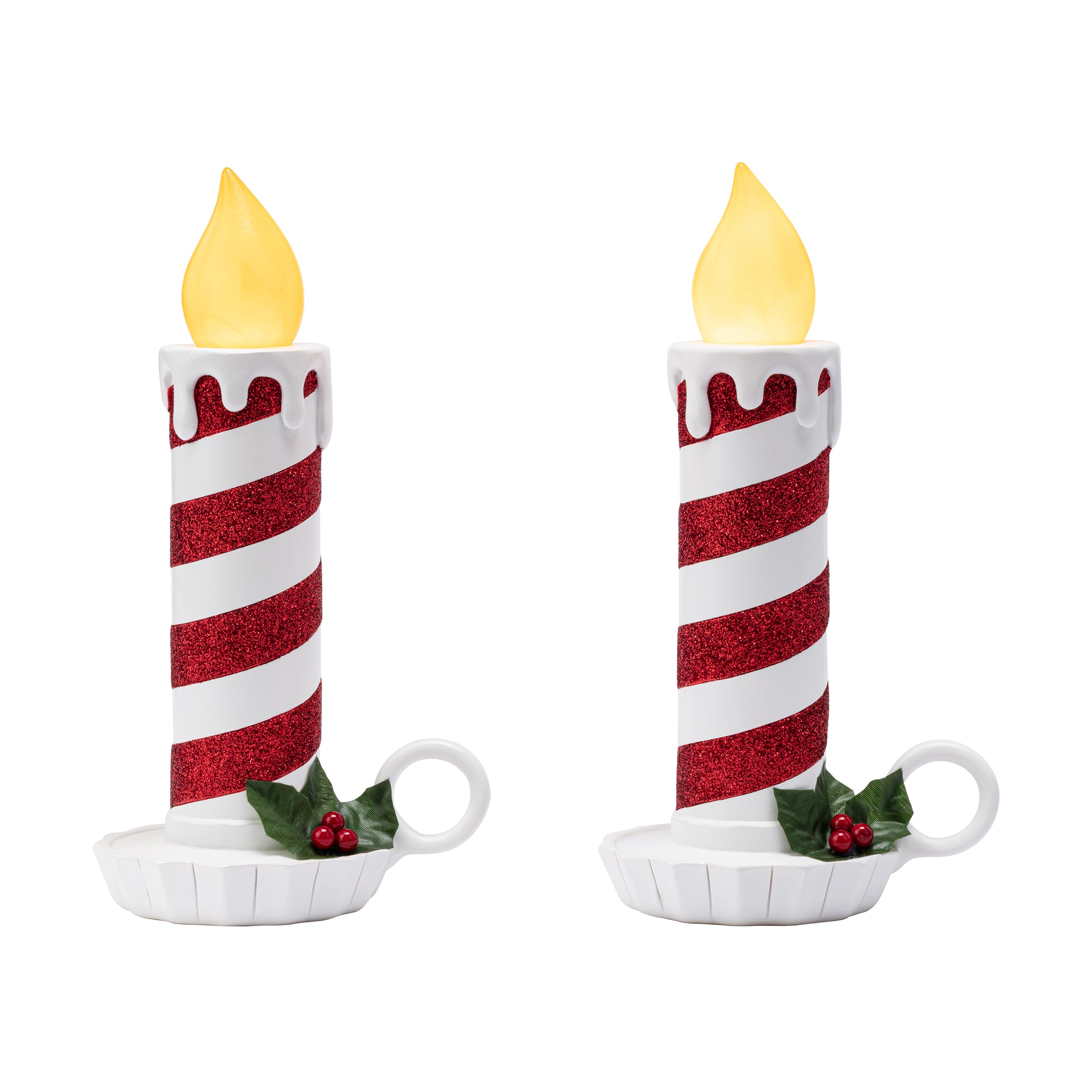 10" Set of 2 Flickering LED Resin Glittery Striped Candles - Red & White - Mr. Christmas