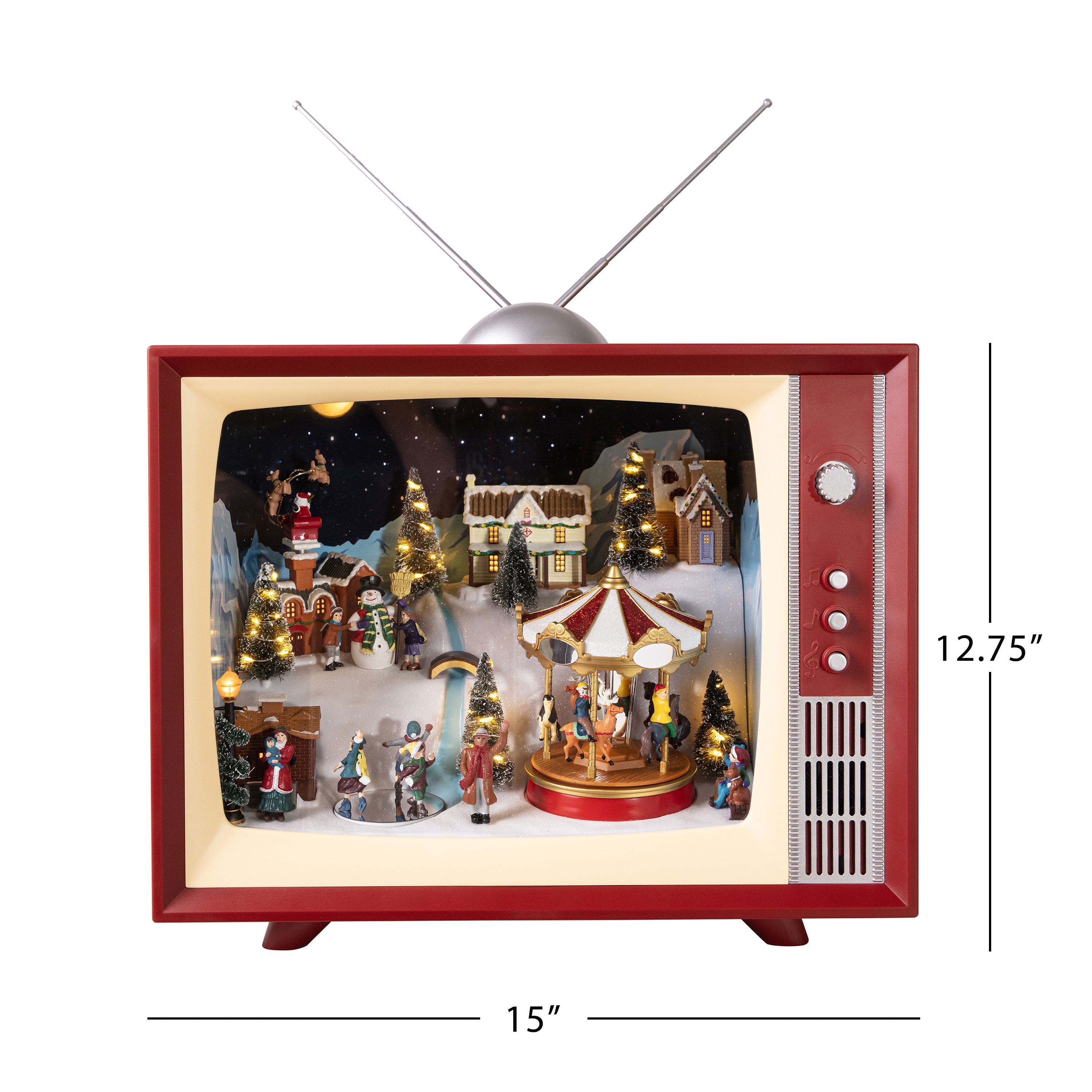 Dimensions of the Mr. Christmas 15" Animated & Musical Vintage Television, 15" wide by 12.75" tall
