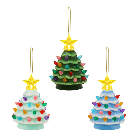 4" Set of 3 Nostalgic Ceramic Lit Tree Ornaments - Green, Light Blue, Seafoam - Mr. Christmas