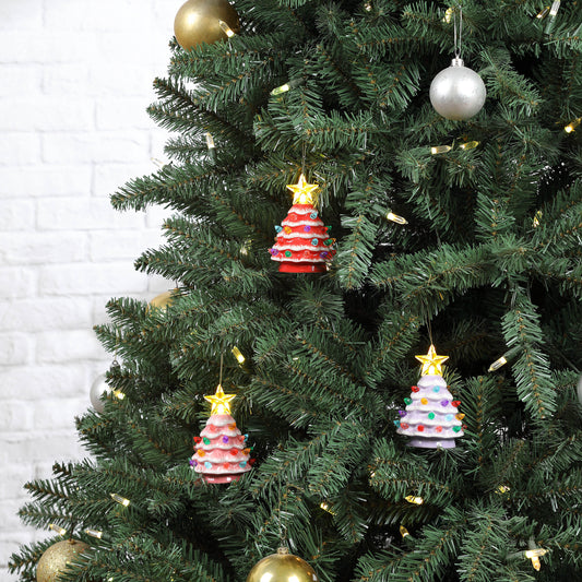 4" Set of 3 Nostalgic Ceramic Lit Tree Ornaments - Pink, Red, Lavender - Mr. Christmas