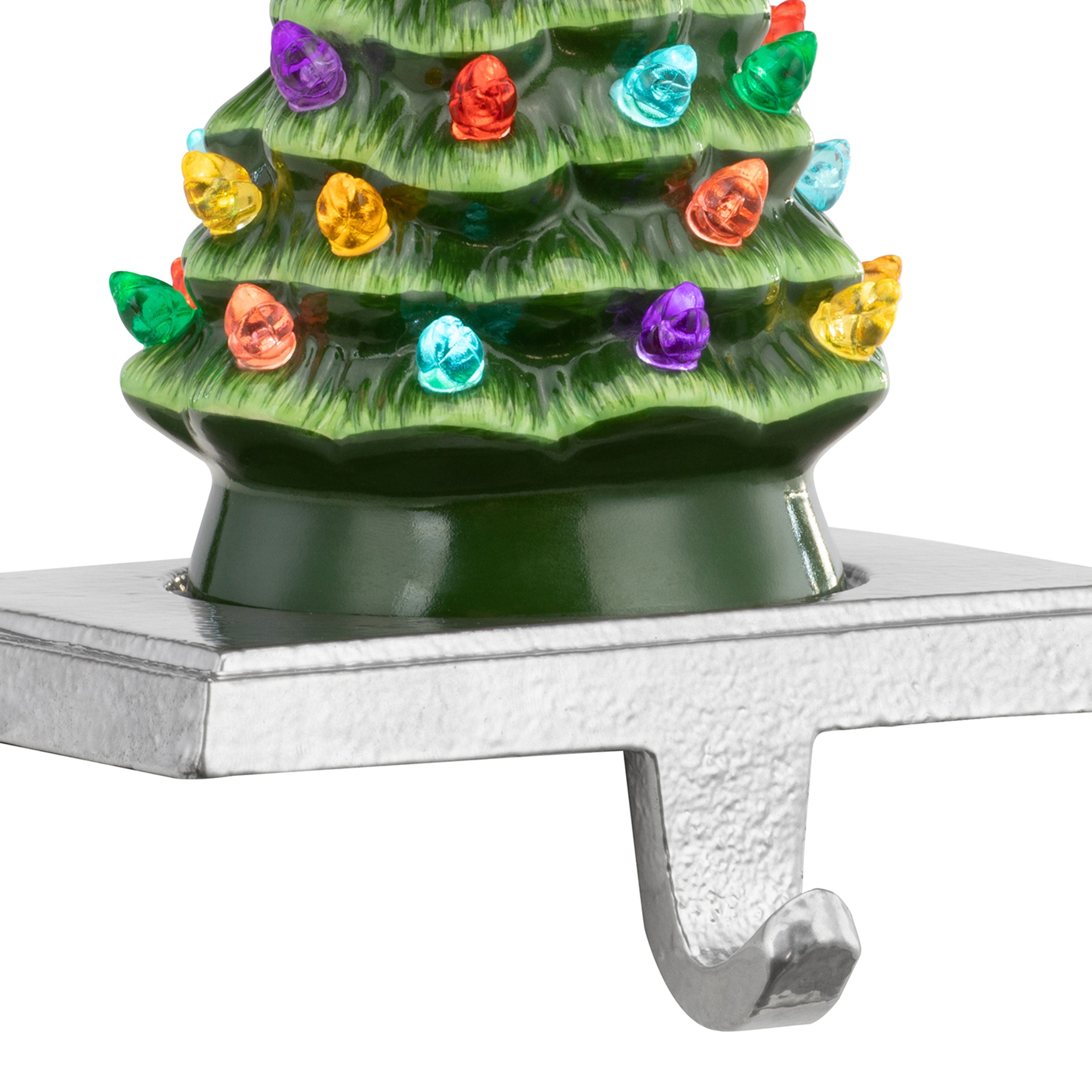 5" Illuminated Ceramic Stocking Hanger - Green Tree - Mr. Christmas