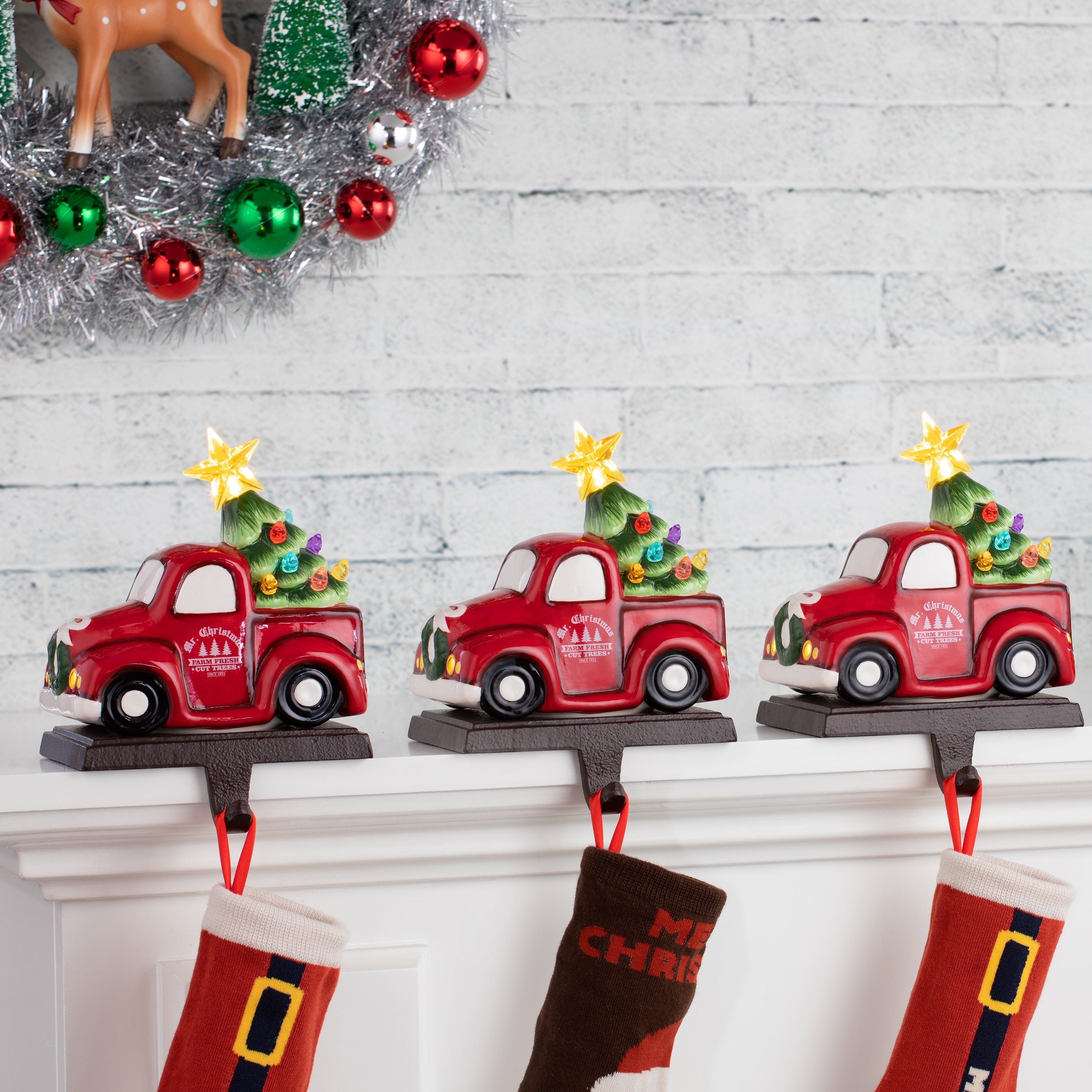 5" Illuminated Ceramic Stocking Hanger - Red Truck - Mr. Christmas