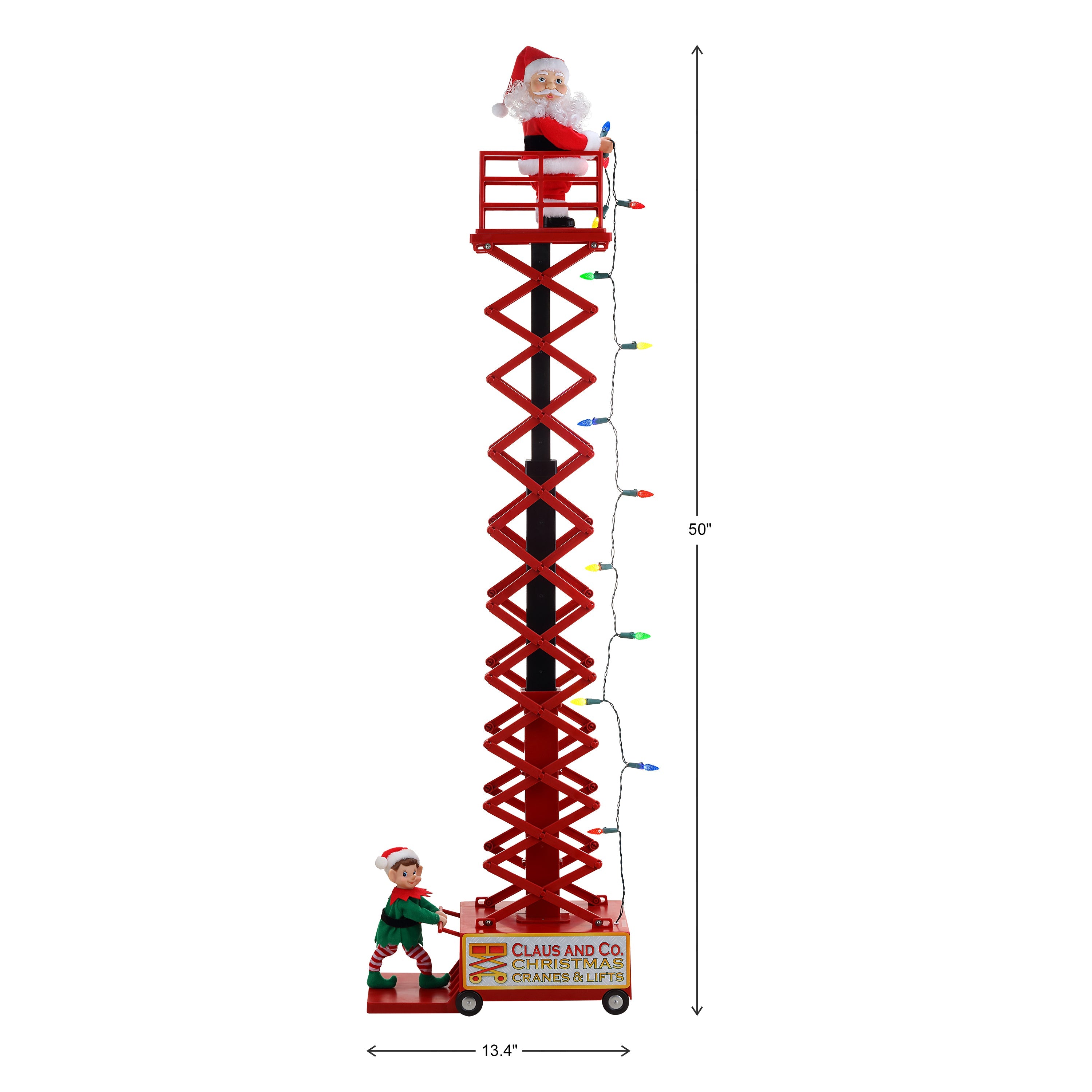 Mr. Christmas 50" Animated & Musical Santa's Lift - White dimensions image showing height and weight with the lift extended