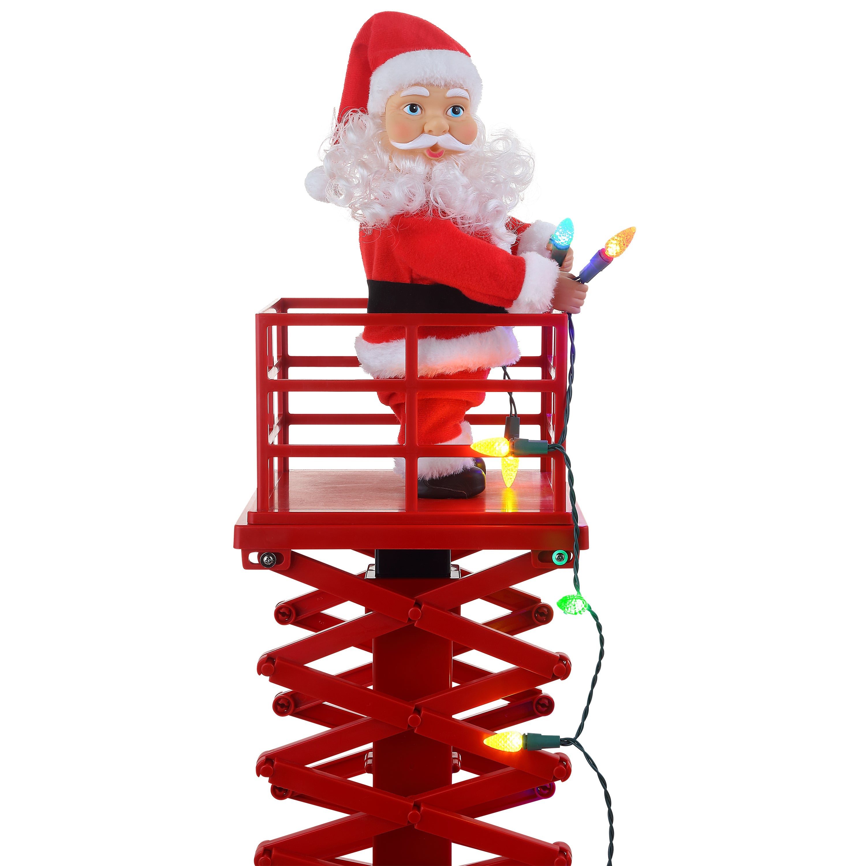 Mr. Christmas 50" Animated & Musical Santa's Lift - White Santa close up image showing him holding LED lights on the top of the lift