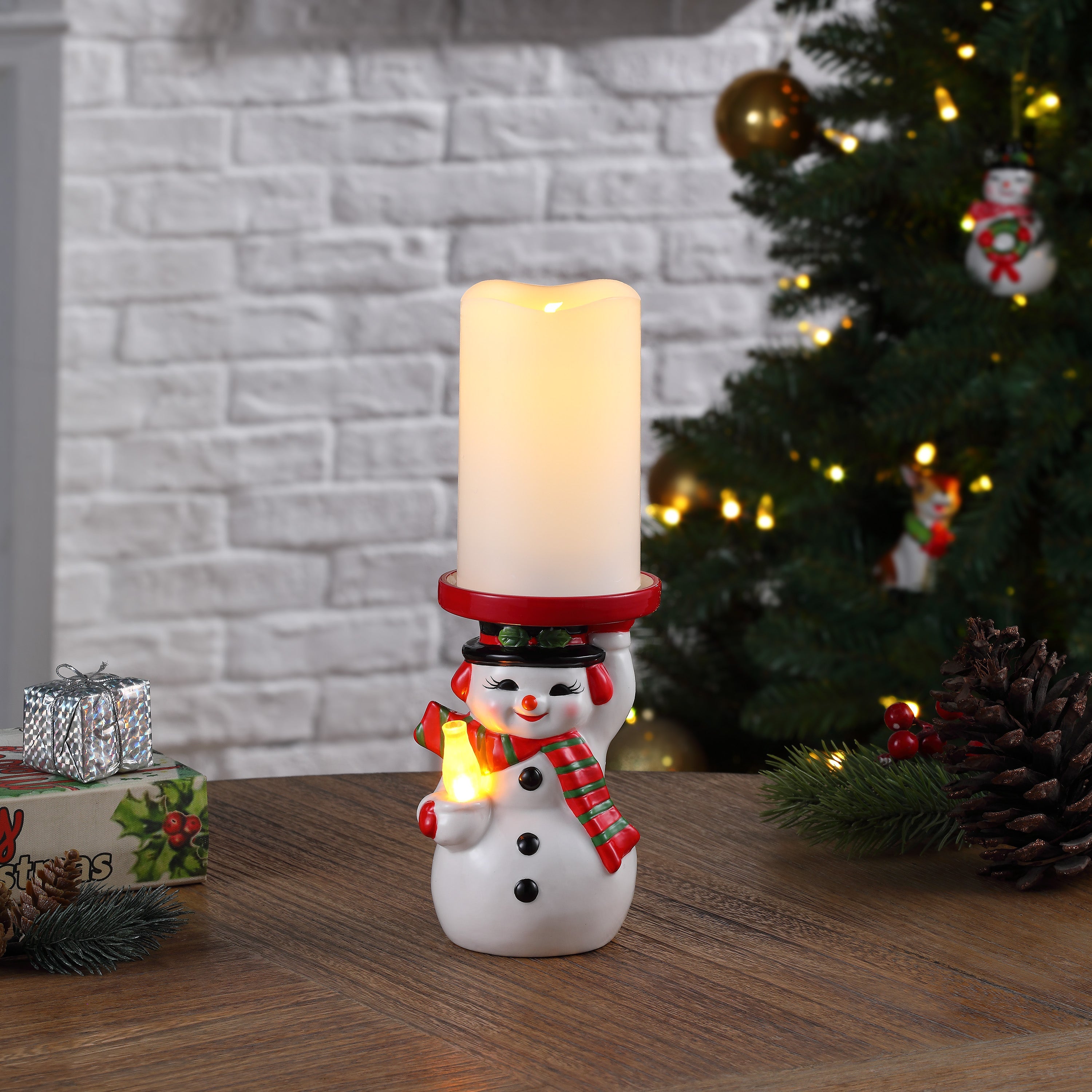6" Ceramic Lit Snowman Candle Holder and Flameless Candle - Mr. Christmas
