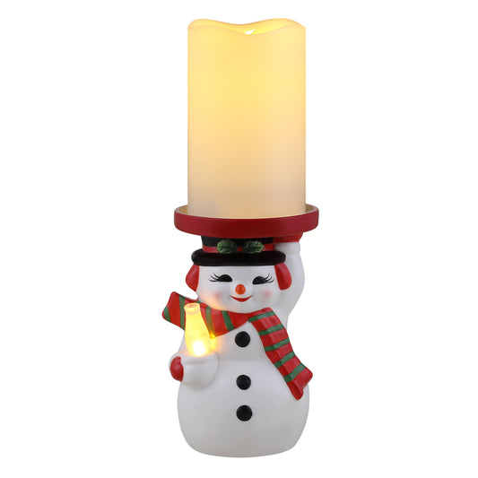 6" Ceramic Lit Snowman Candle Holder and Flameless Candle - Mr. Christmas