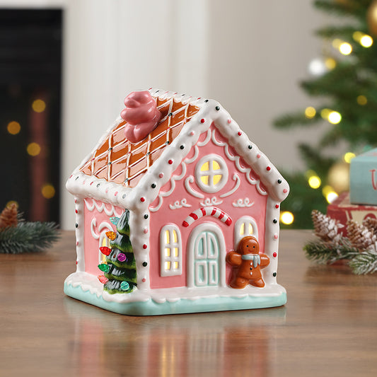 7" Nostalgic Ceramic Lit Gingerbread House - Pink - Mr. Christmas