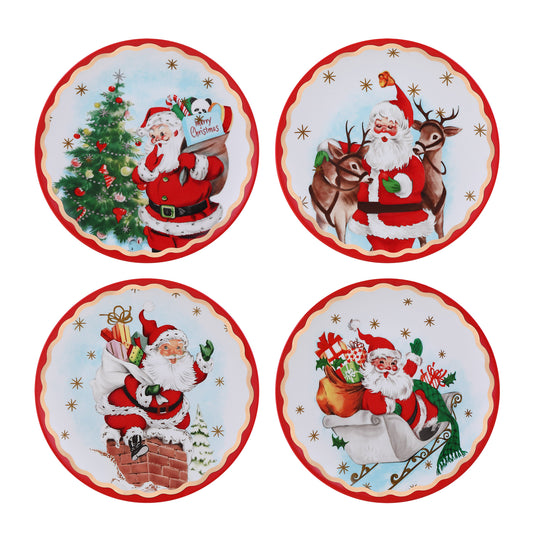 90th Anniversary Collection - 8" Set of 4 Ceramic Gold Trimmed Santa Plates - Mr. Christmas