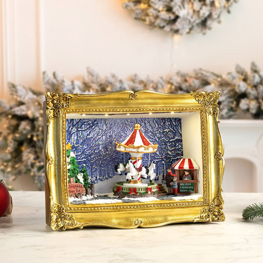90th Anniversary Collection - Animated & Musical Gold Frame Carousel Shadow Box - Mr. Christmas