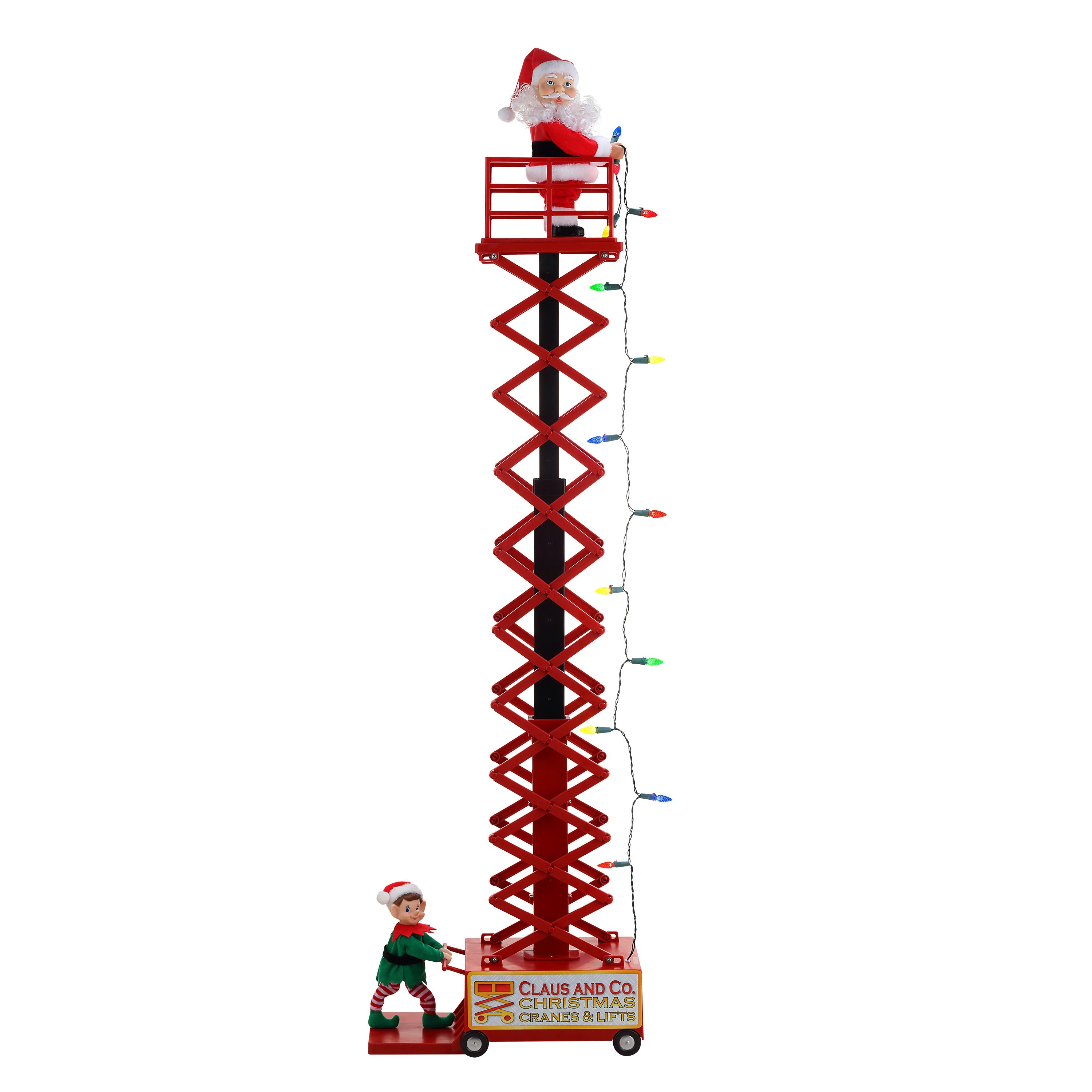 Mr. Christmas santas lift with santa extended on ladder holding multicolored lights and elf operating lift
