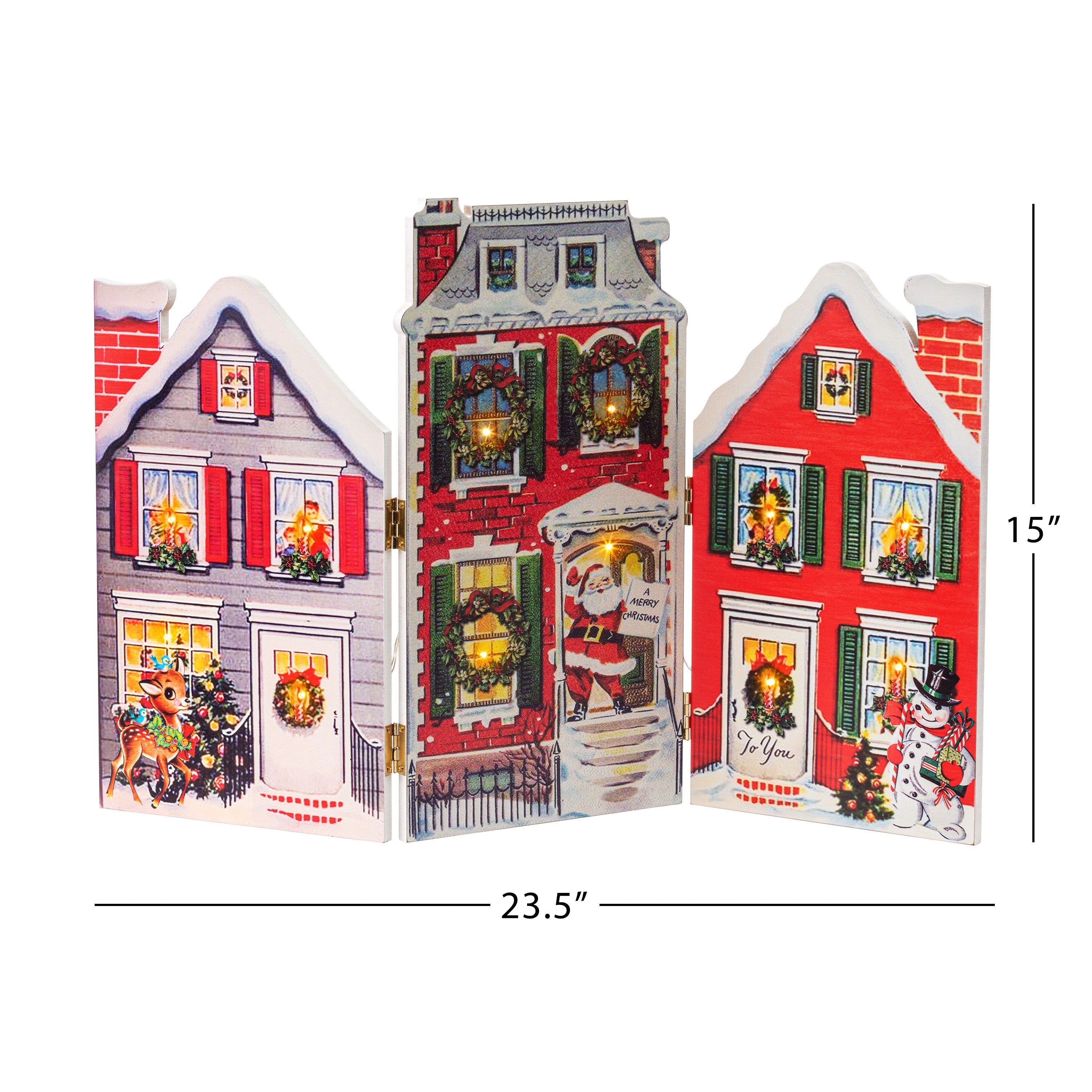 Size chart of the Mr. Christmas Illuminated Folding Village Scene showing 23.5" wide x 0.35" deep x 15" tall dimensions.