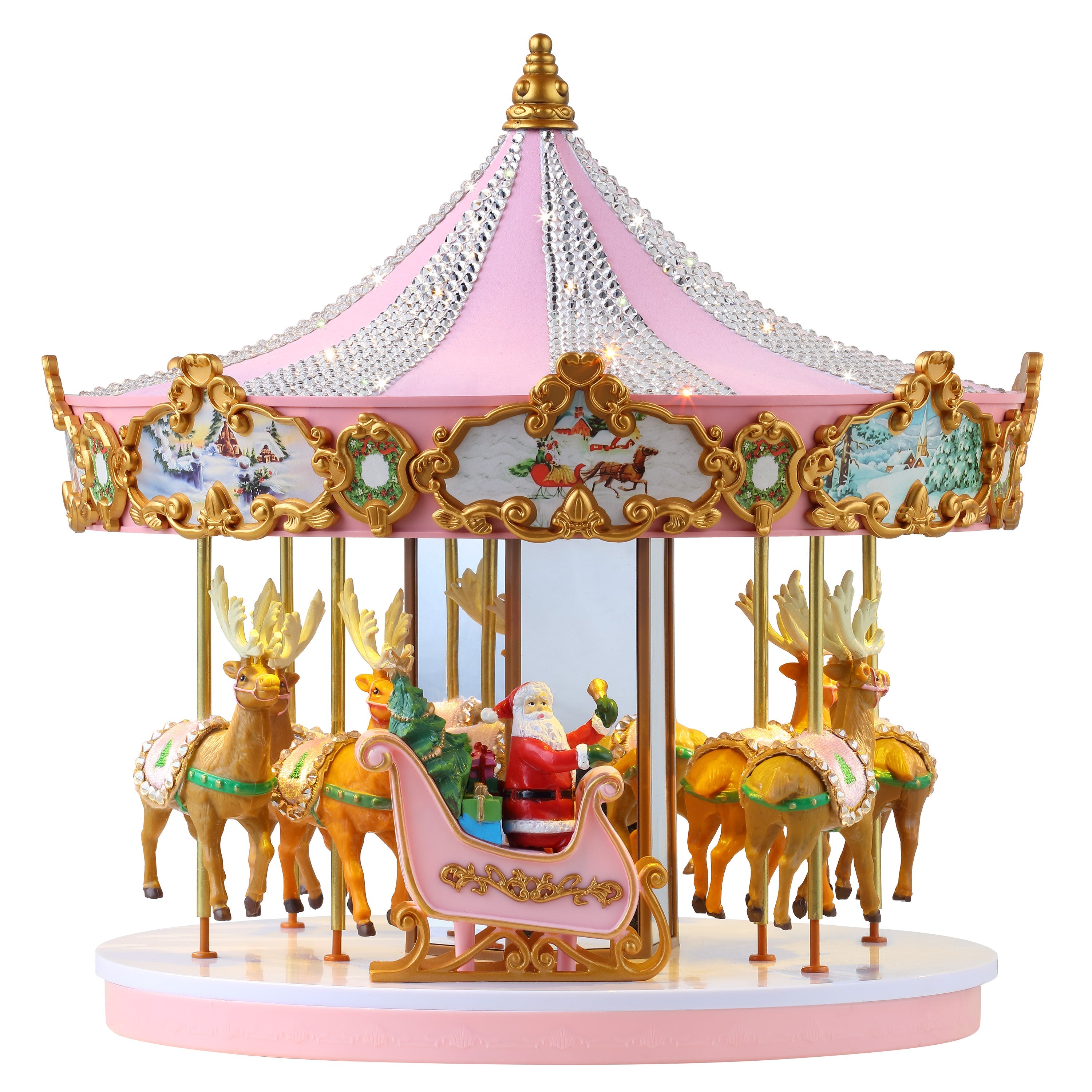 Mr. Christmas 12 inch Animated and Musical Pink Crystal Carousel showing Santa in his pink sleigh rotating around crystal-adorned reindeer