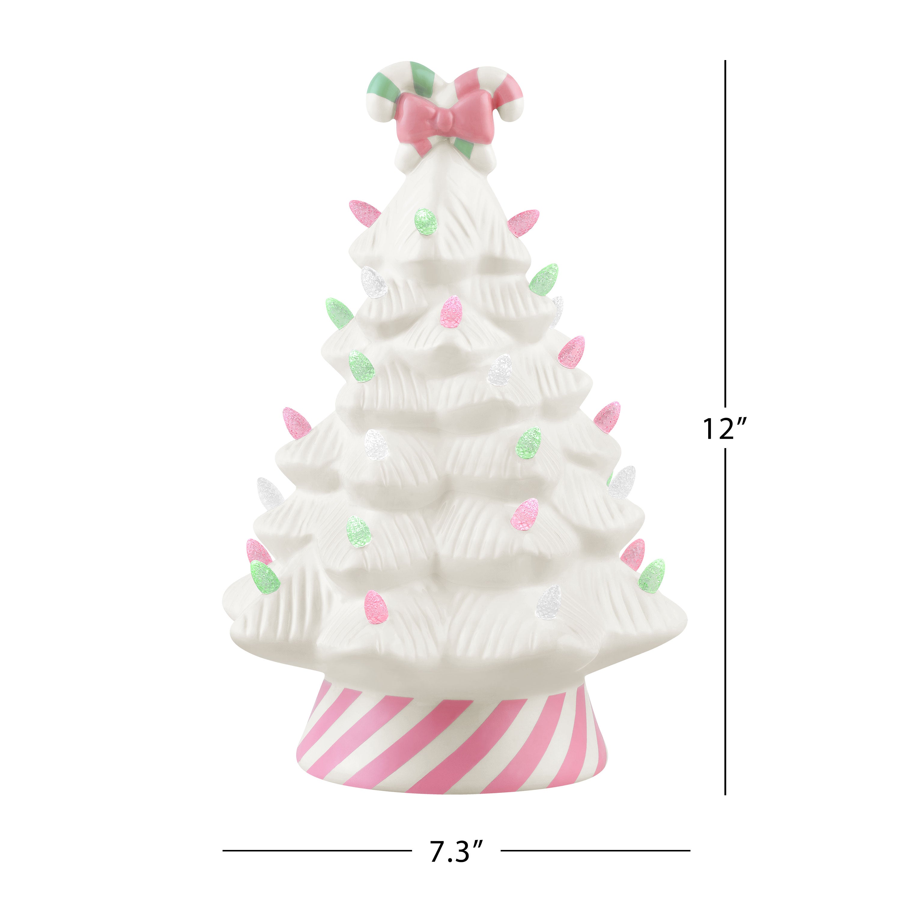 Dimensions of Mr. Christmas 12" Nostalgic Ceramic Lit Candy Cane Tree shown with measurements