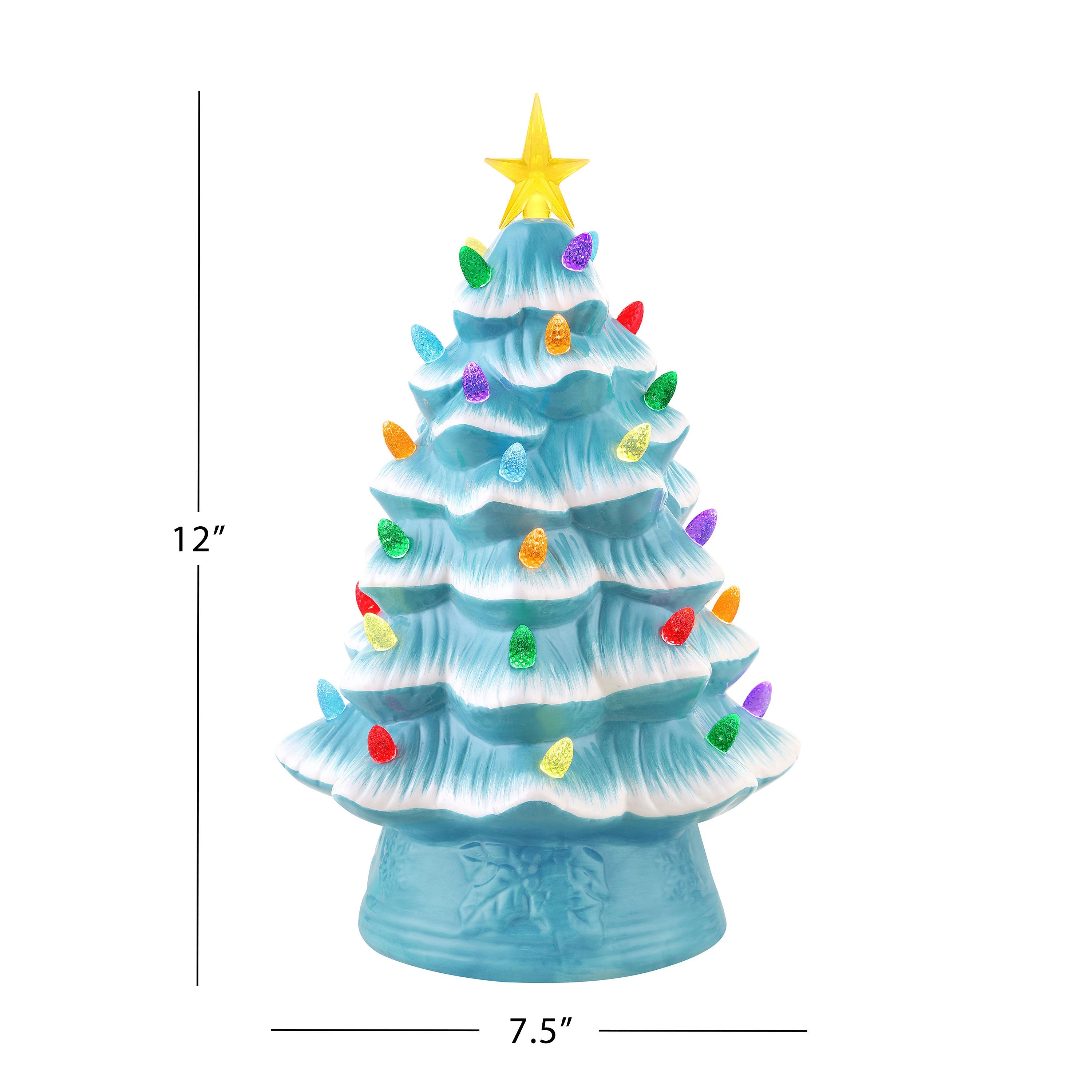 Size diagram showing Mr. Christmas 12-inch nostalgic ceramic tree is 7.5 inches wide and 12 inches tall