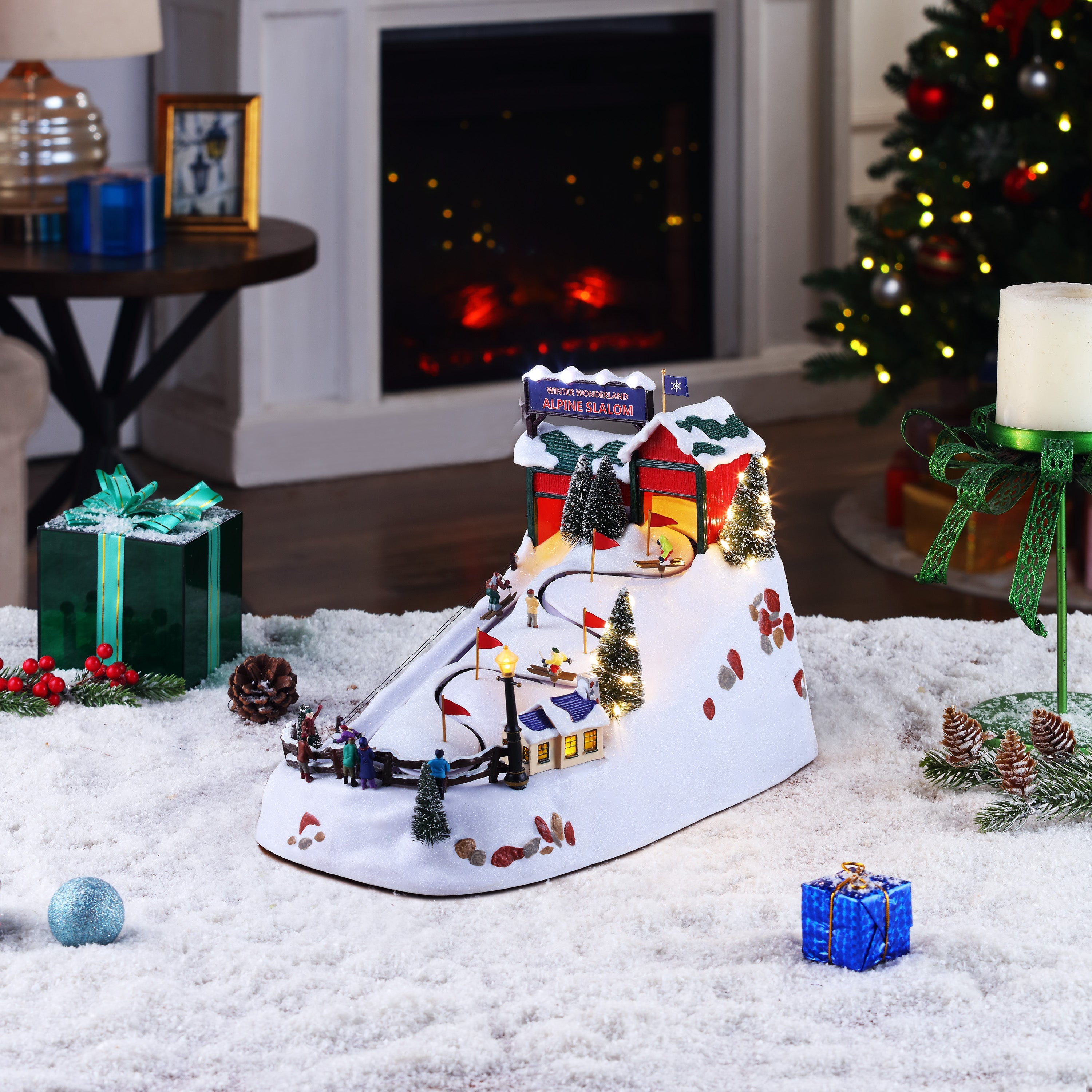 Mr. Christmas 15" Winter Wonderland Alpine Slalom displayed in a festive home setting with skiers in motion