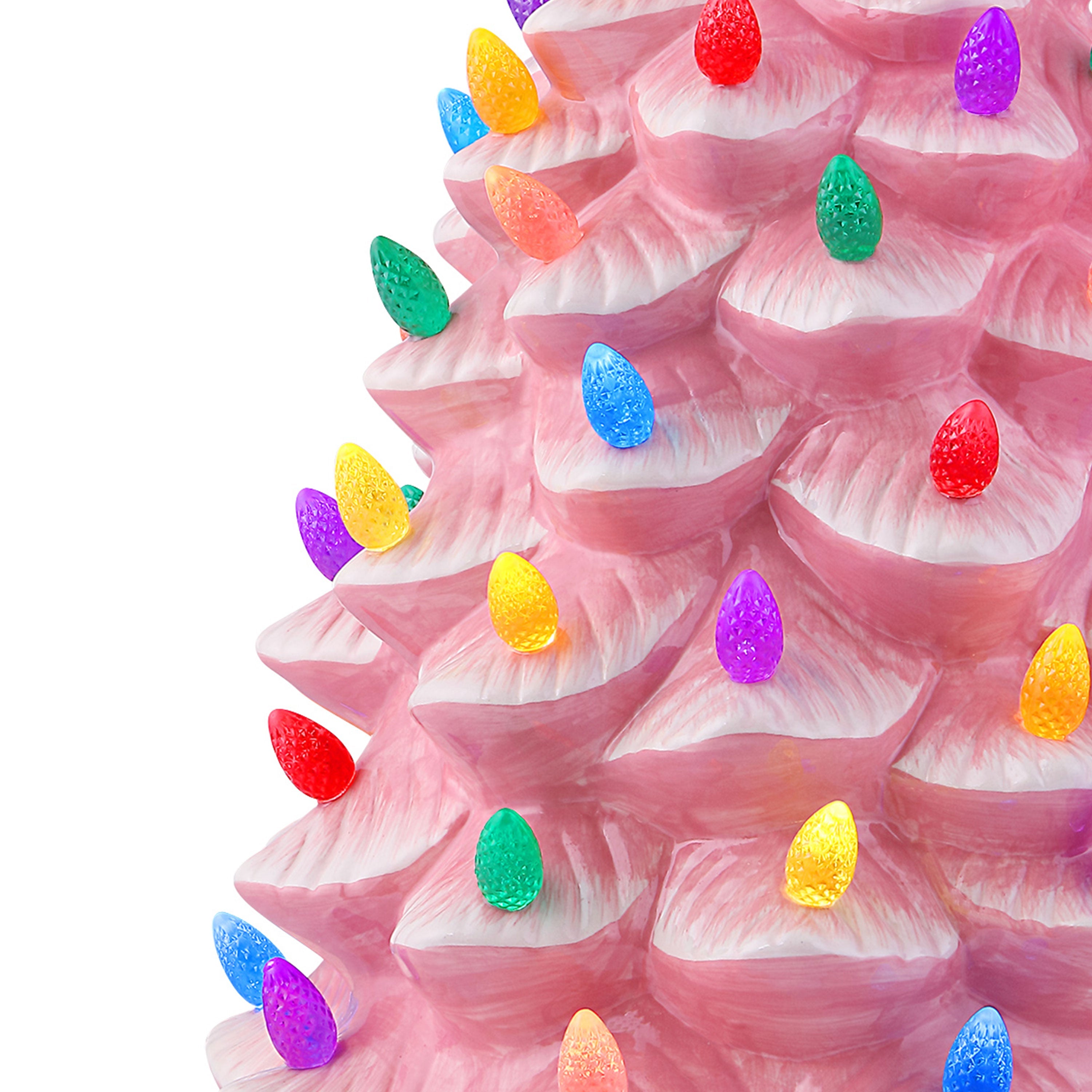 Close-up of multicolored faceted LED bulbs glowing on the 24 in. pink nostalgic Christmas tree by Mr. Christmas