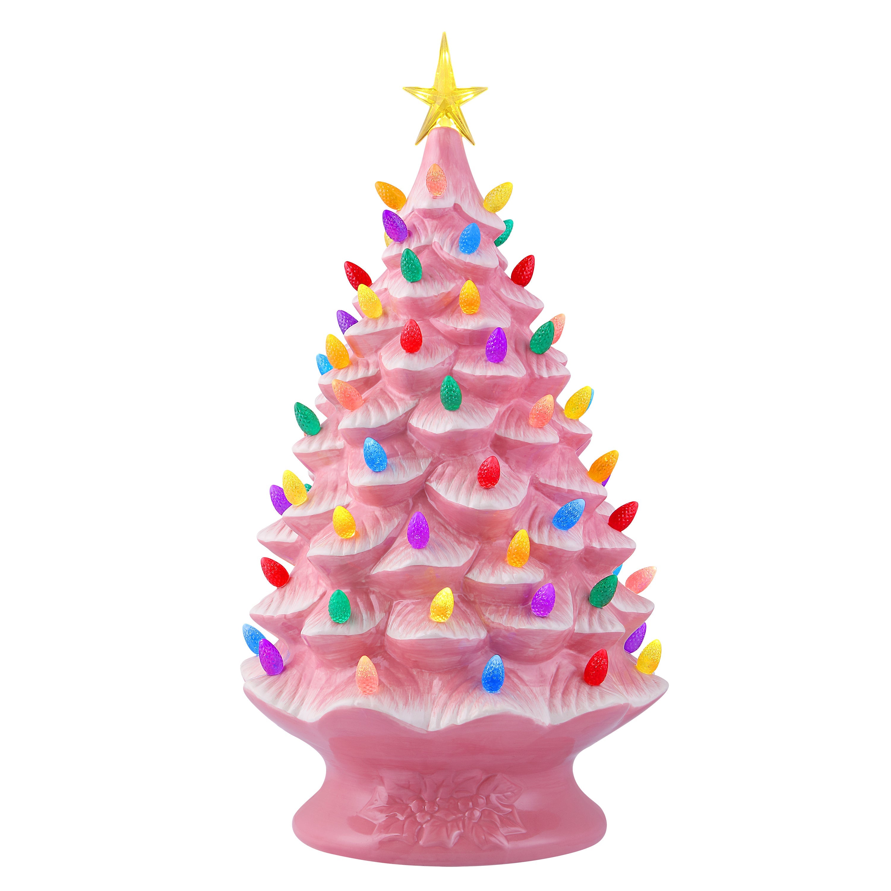 Mr. Christmas 24-inch nostalgic ceramic Christmas tree in bright pink with multicolored bulbs and illuminated star
