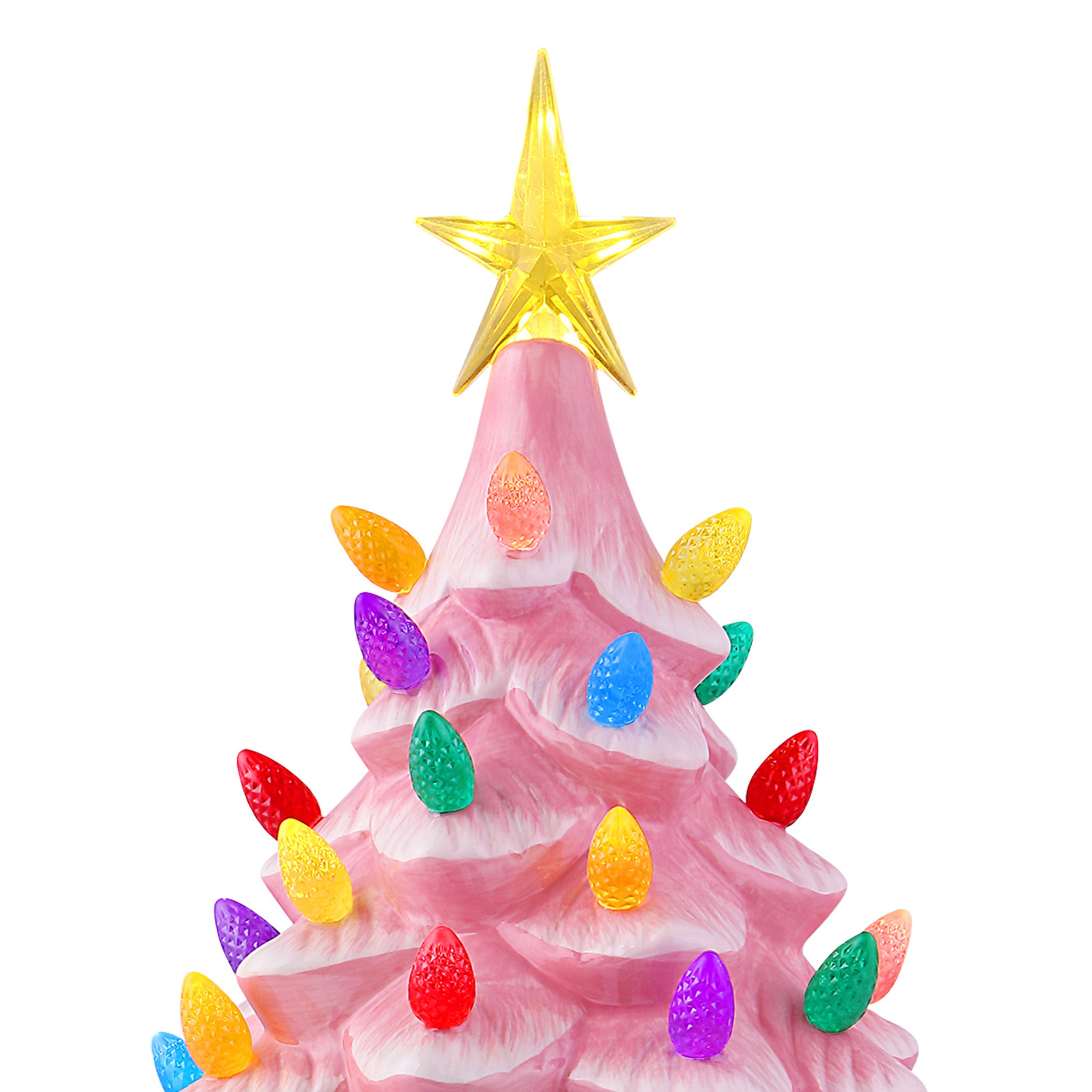 Close-up of illuminated yellow star atop the 24 in. pink nostalgic Christmas tree by Mr. Christmas