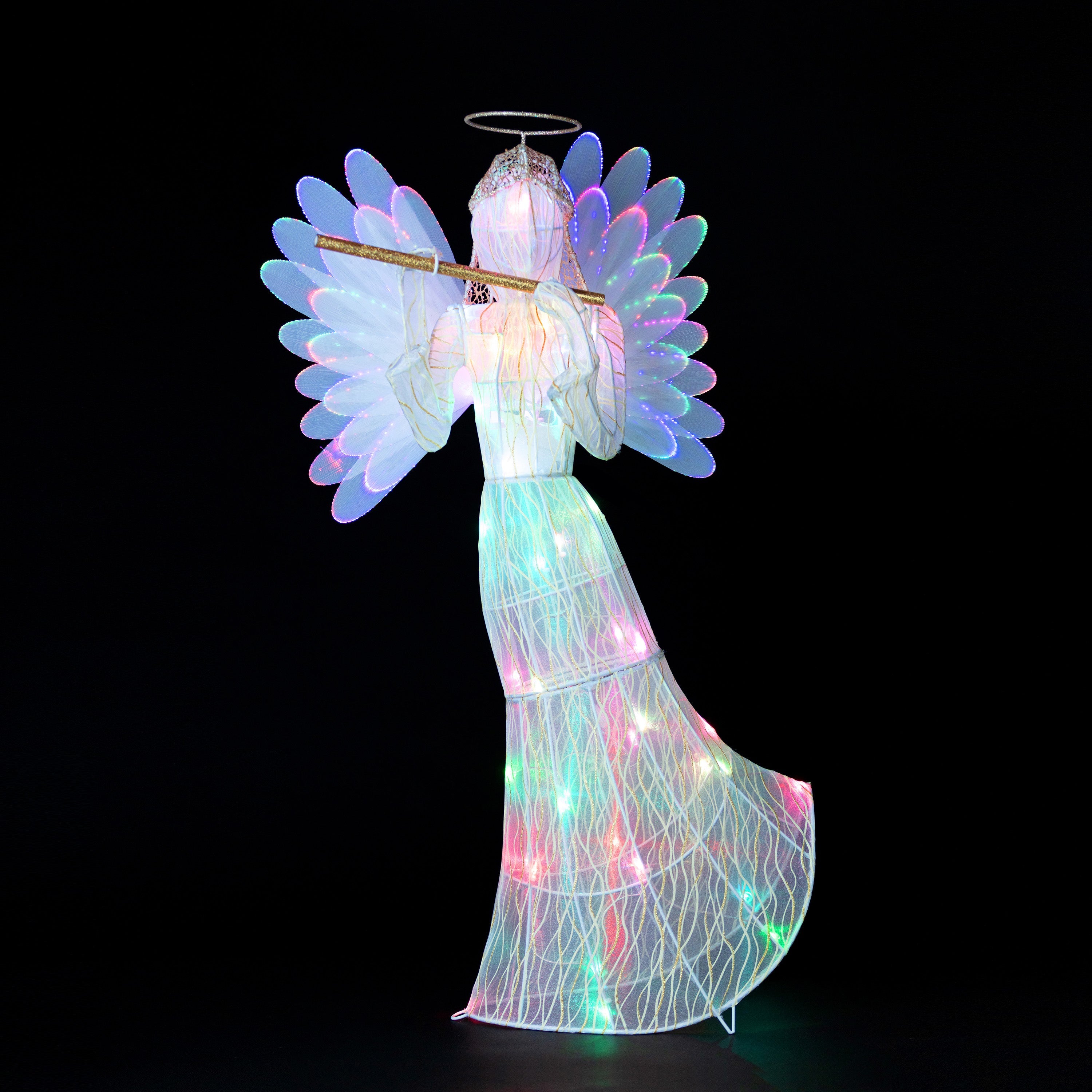 Mr. Christmas 3 ft fiber-optic angel illuminated with color-changing LED lights and animated wings against black background