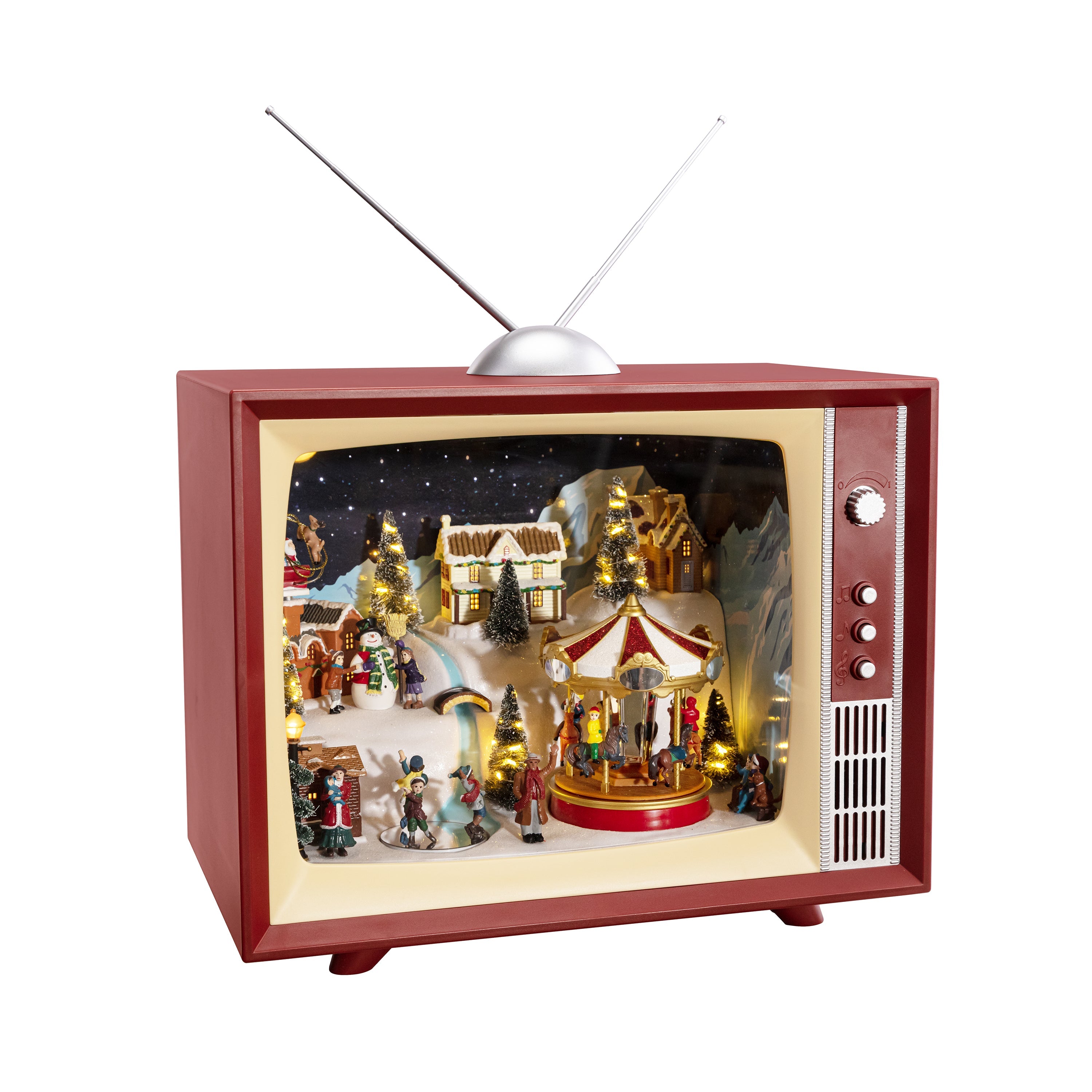 Alternate view of the Mr. Christmas Animated Musical Vintage Television showing the retro design and animated scene.