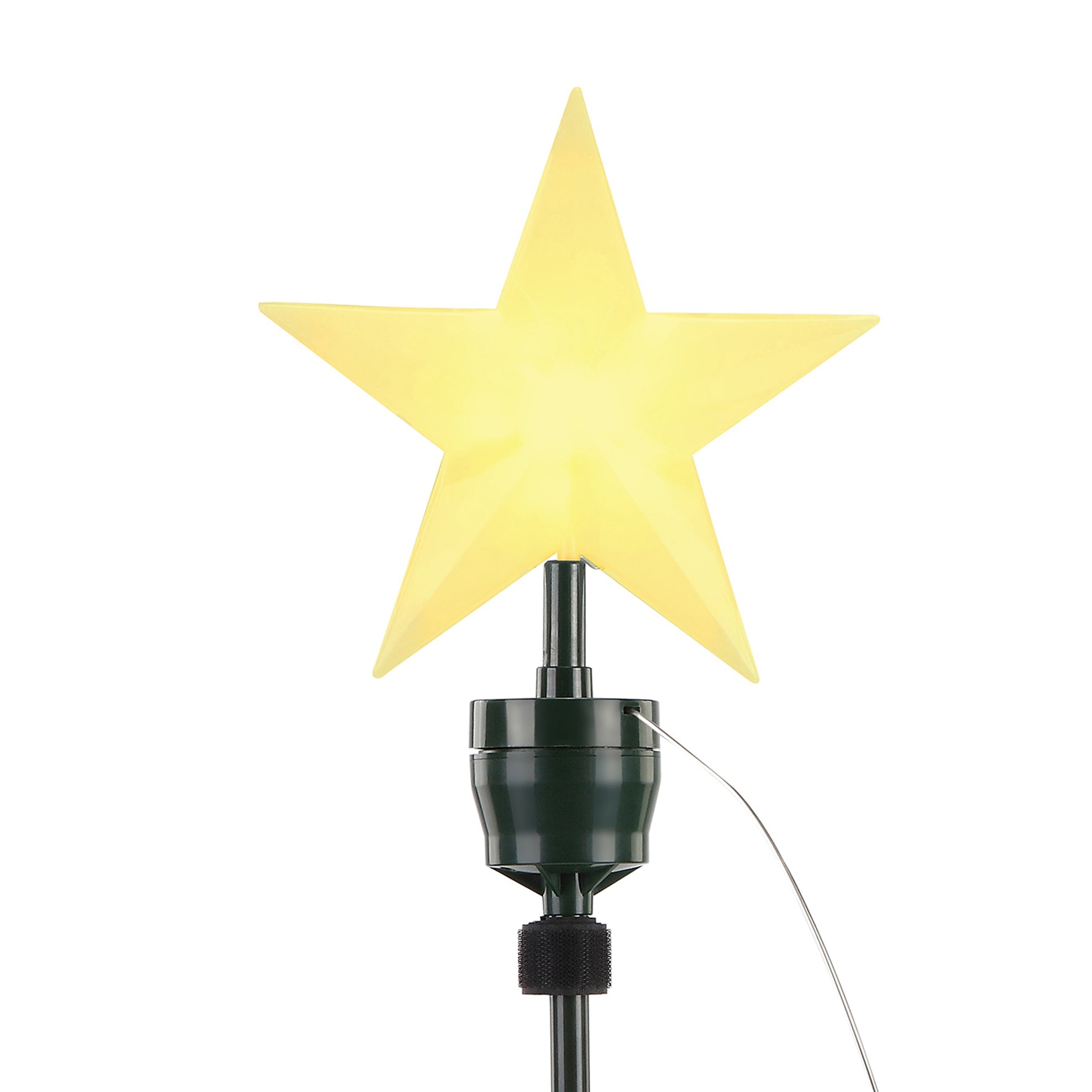 Close-up of the illuminated LED star on the Mr. Christmas Animated Sleigh Tree Topper with Banner – Black Santa.