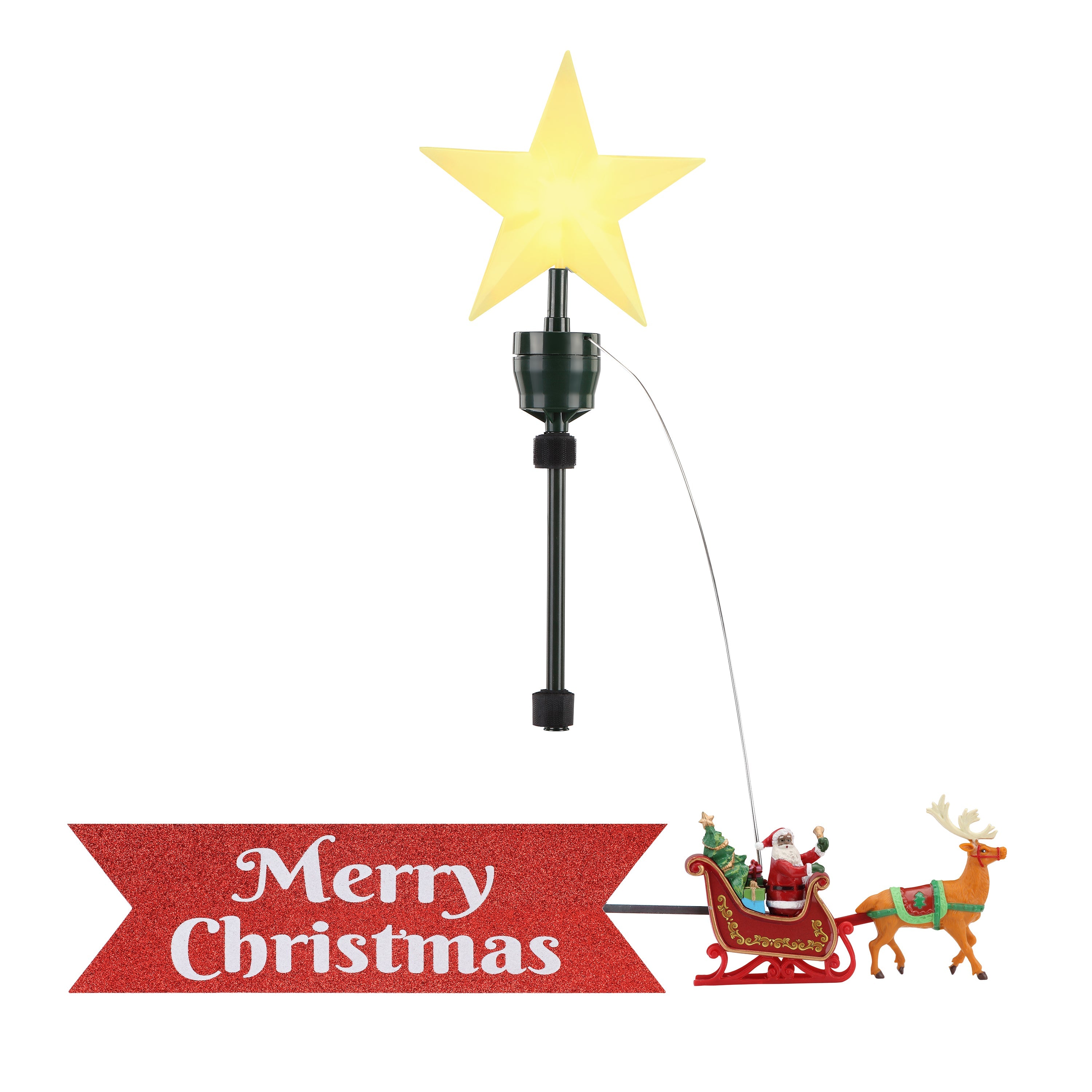 Product image of the Mr. Christmas Animated Sleigh Tree Topper with Banner – Black Santa on a white background