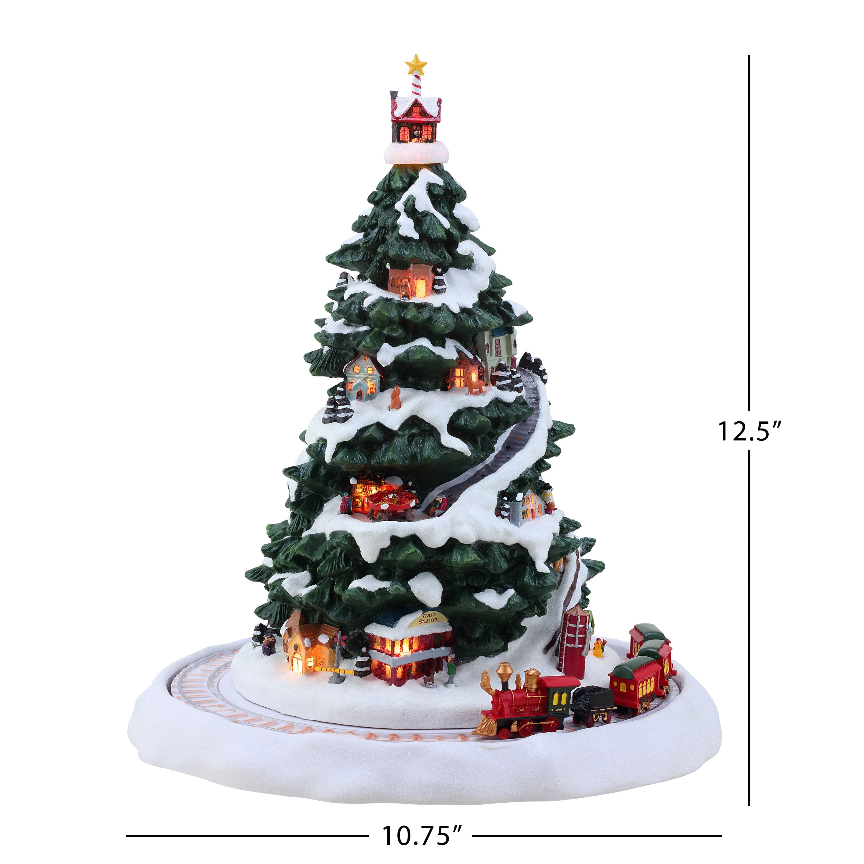 Dimensions of the Mr. Christmas Christmas Eve Express: 10.75" wide, 10.75" deep, and 12.5" tall.