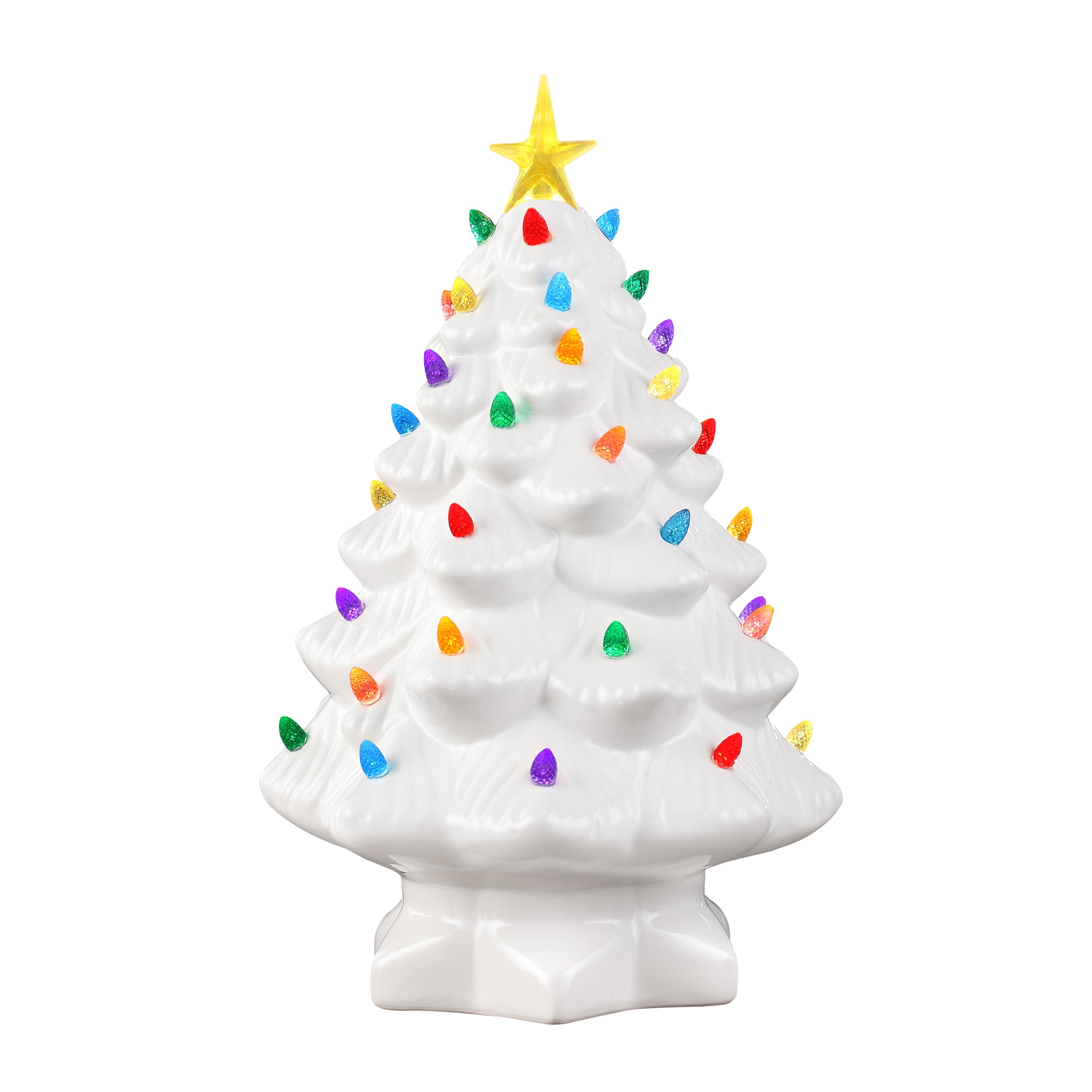 Main image of Mr. Christmas 14" White Nostalgic Christmas Tree with multicolored faceted bulbs and yellow star topper.
