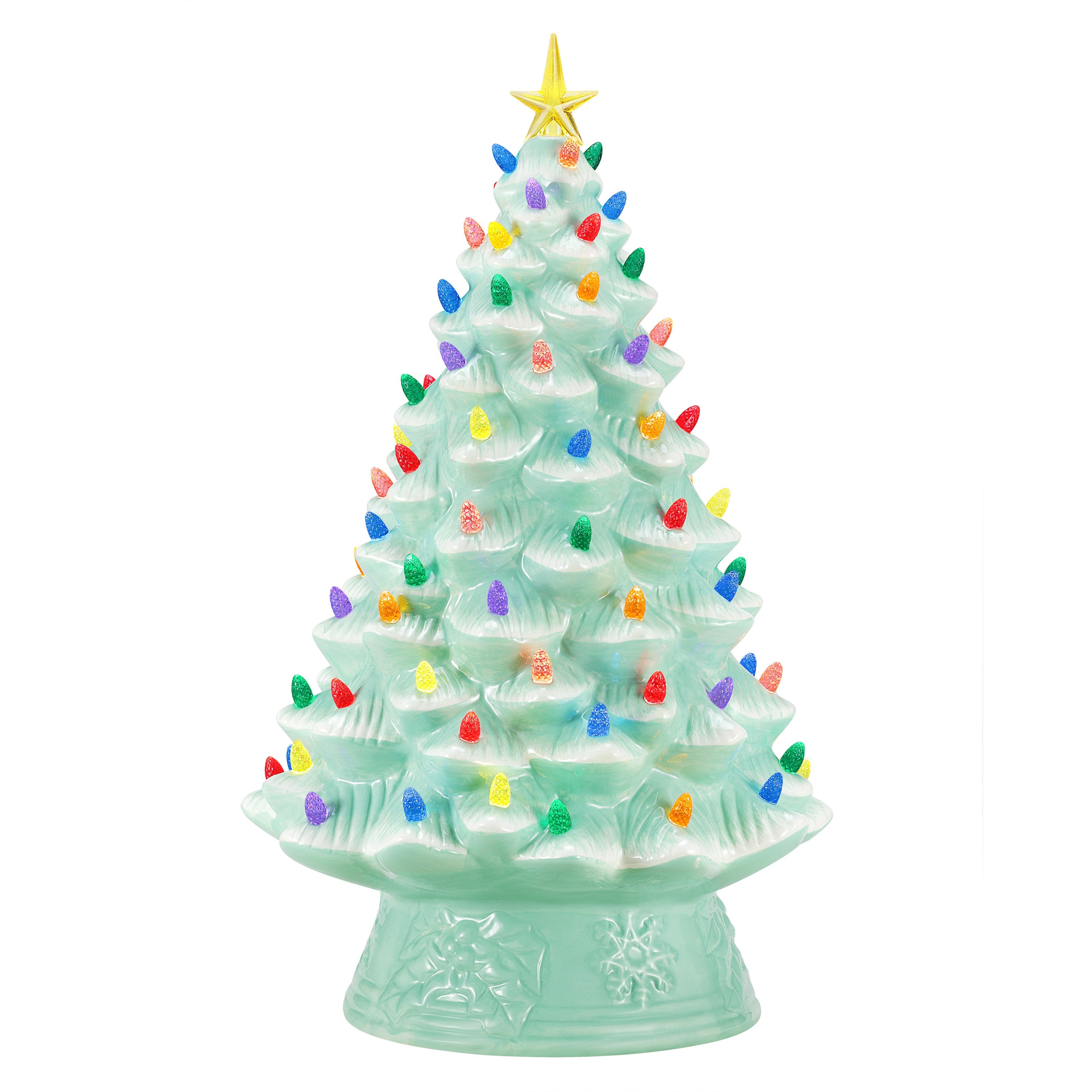 Main image of the Mr. Christmas 18" Nostalgic Christmas Tree with seafoam ceramic finish, multicolored bulbs, and illuminated yellow star.