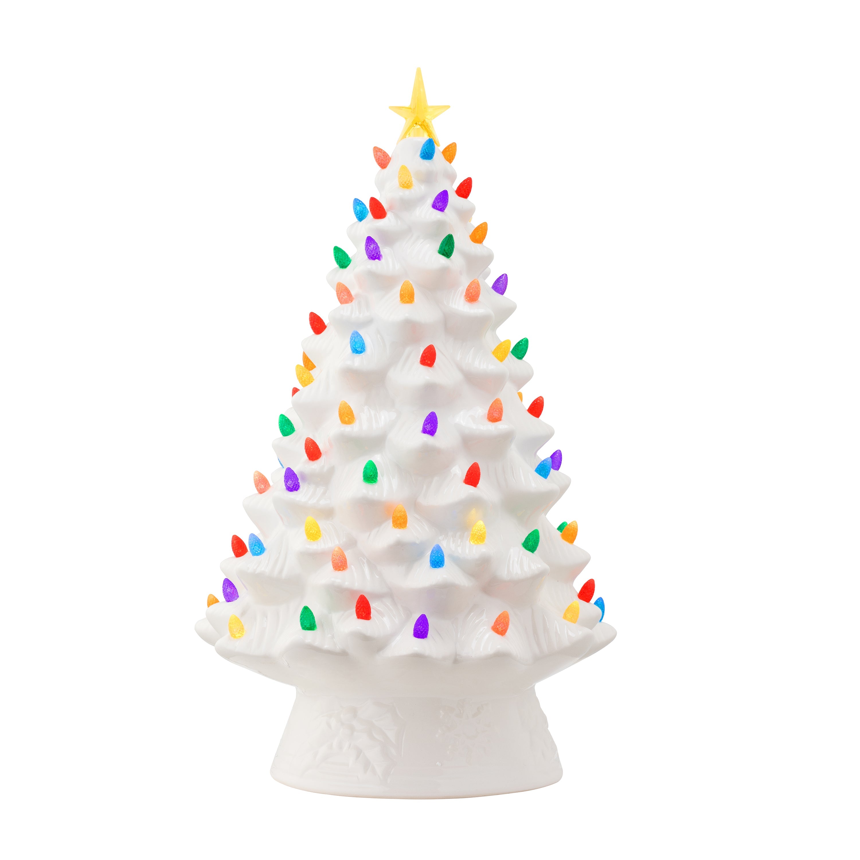 Main image of the Mr. Christmas 18" Nostalgic Christmas Tree with white ceramic finish, multicolored bulbs, and illuminated yellow star.