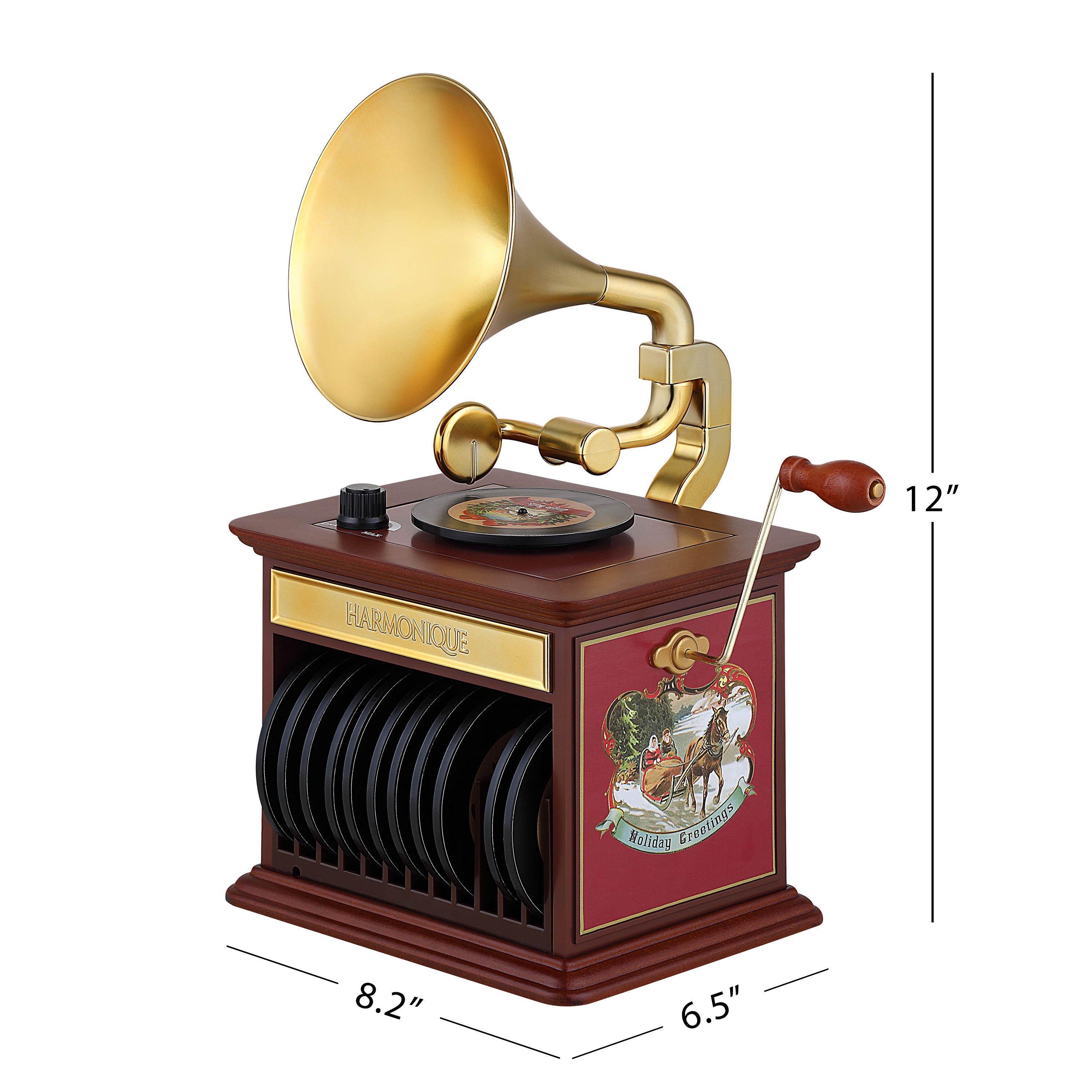 Dimensions of Mr. Christmas Nostalgic Gramophone shown with measurements