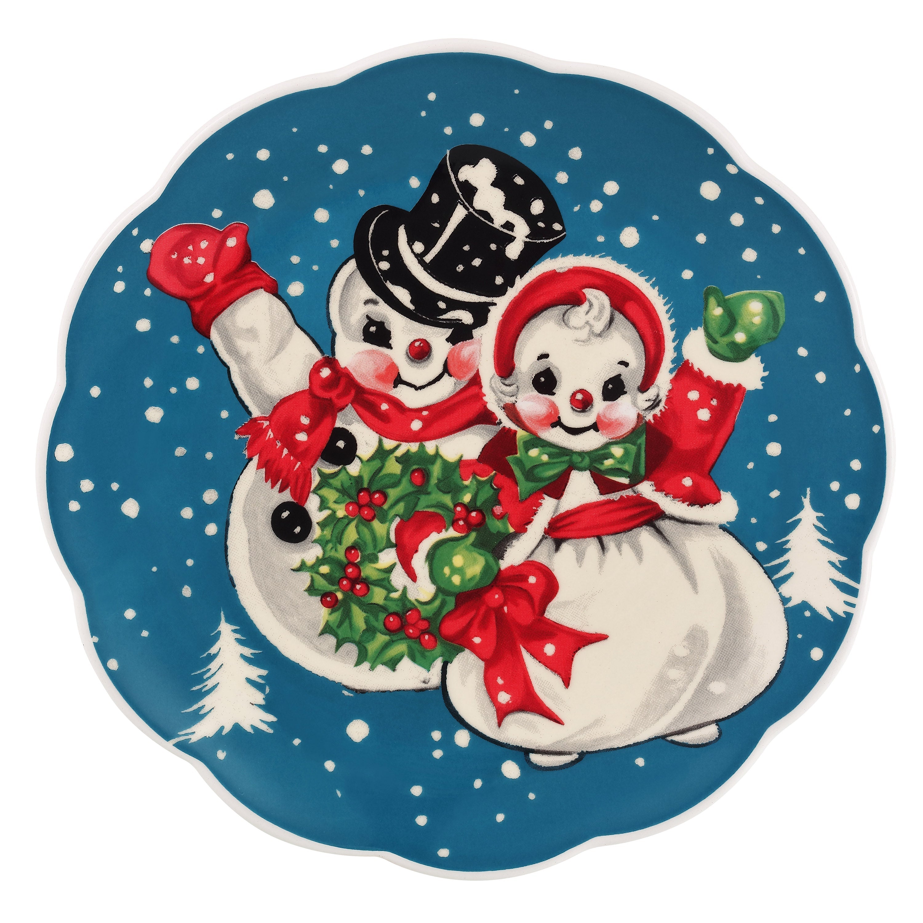 Blue snowman nostalgic scalloped plate by Mr. Christmas featuring snowman couple waving in snowy scene