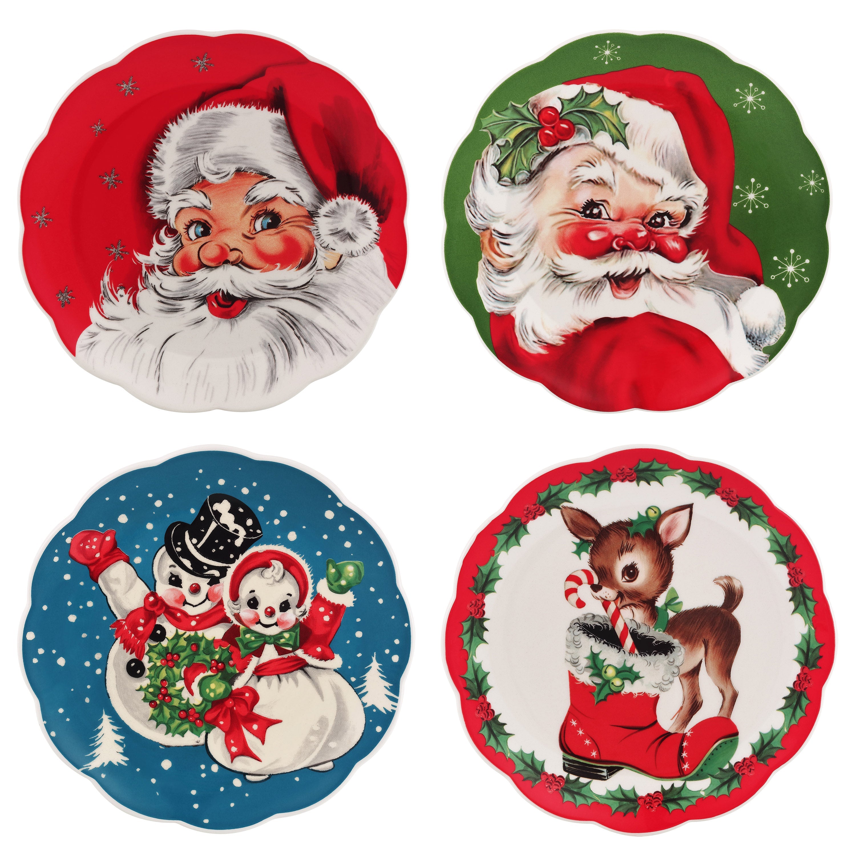 Set of 4 nostalgic scalloped plates by Mr. Christmas featuring vintage holiday scenes on white background