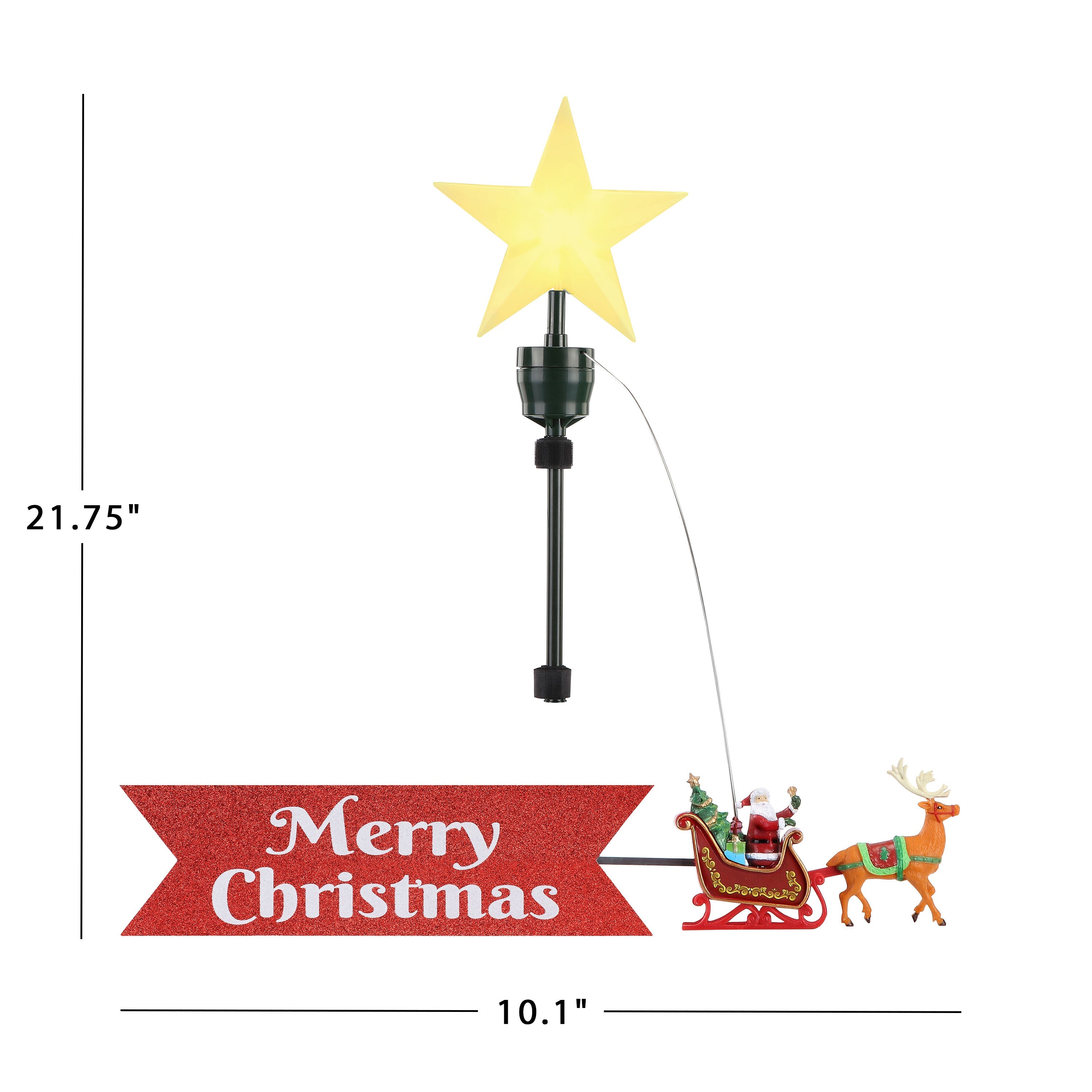 Dimensions of the Mr. Christmas Santa Sleigh Animated Tree Topper, showing sleigh, banner, and height from base to star