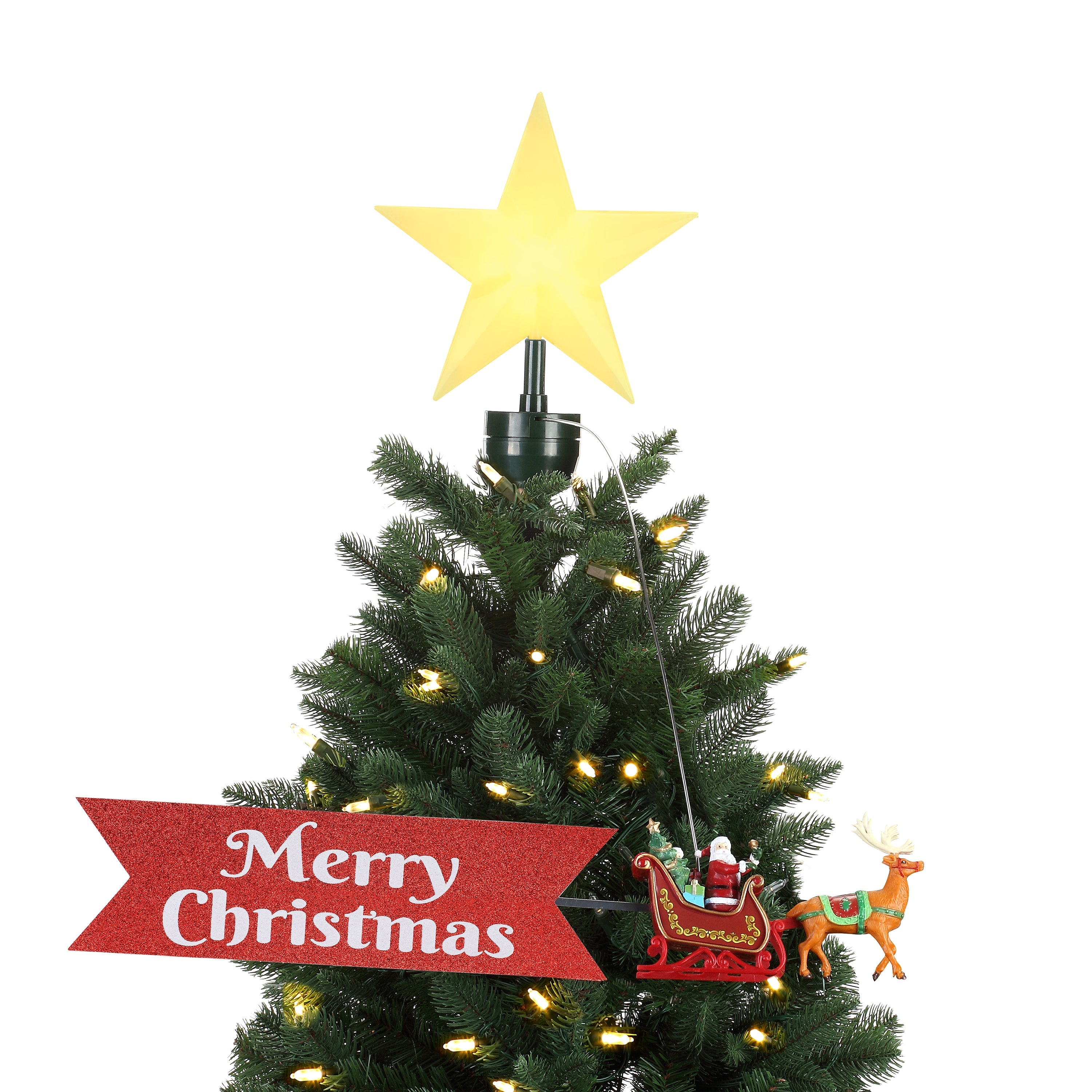 Main image of the Mr. Christmas Santa Sleigh Animated Tree Topper mounted on a Christmas tree with LED star and circling sleigh
