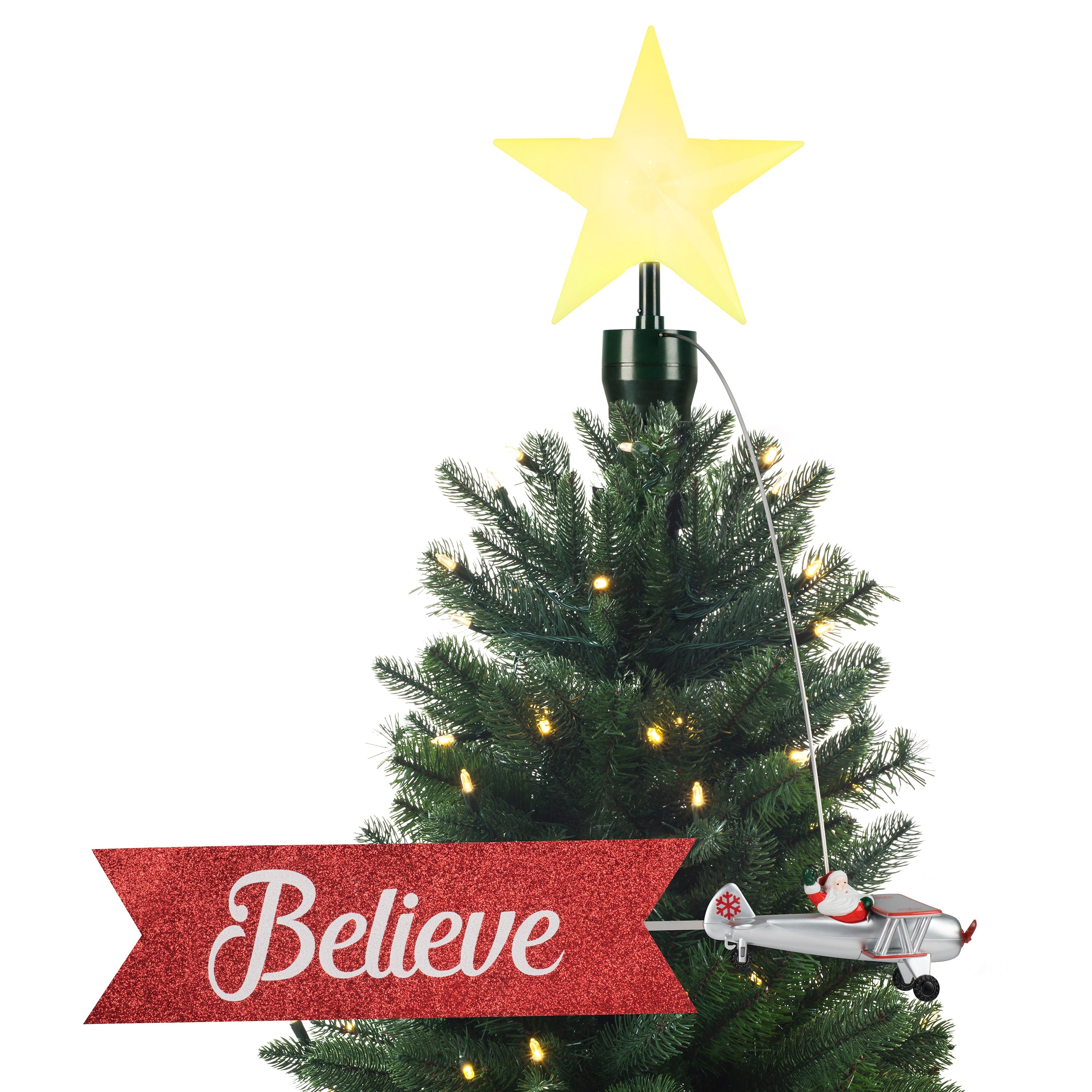 Mr. Christmas Santa's Biplane Tree Topper with red glitter banner and LED-lit star shown on white background