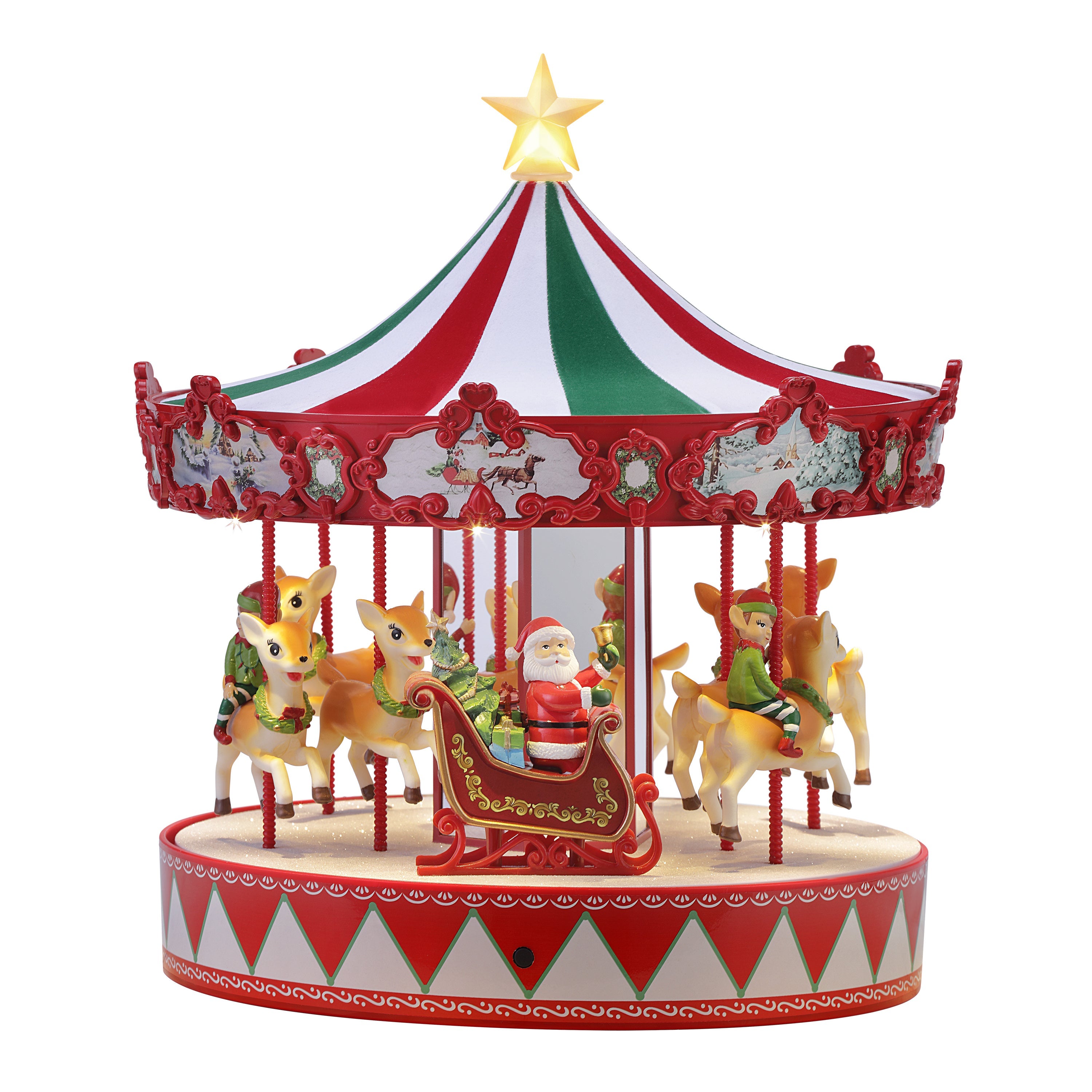 Mr. Christmas 14" Animated Vintage Carousel with Santa in sleigh under red, white, and green canopy