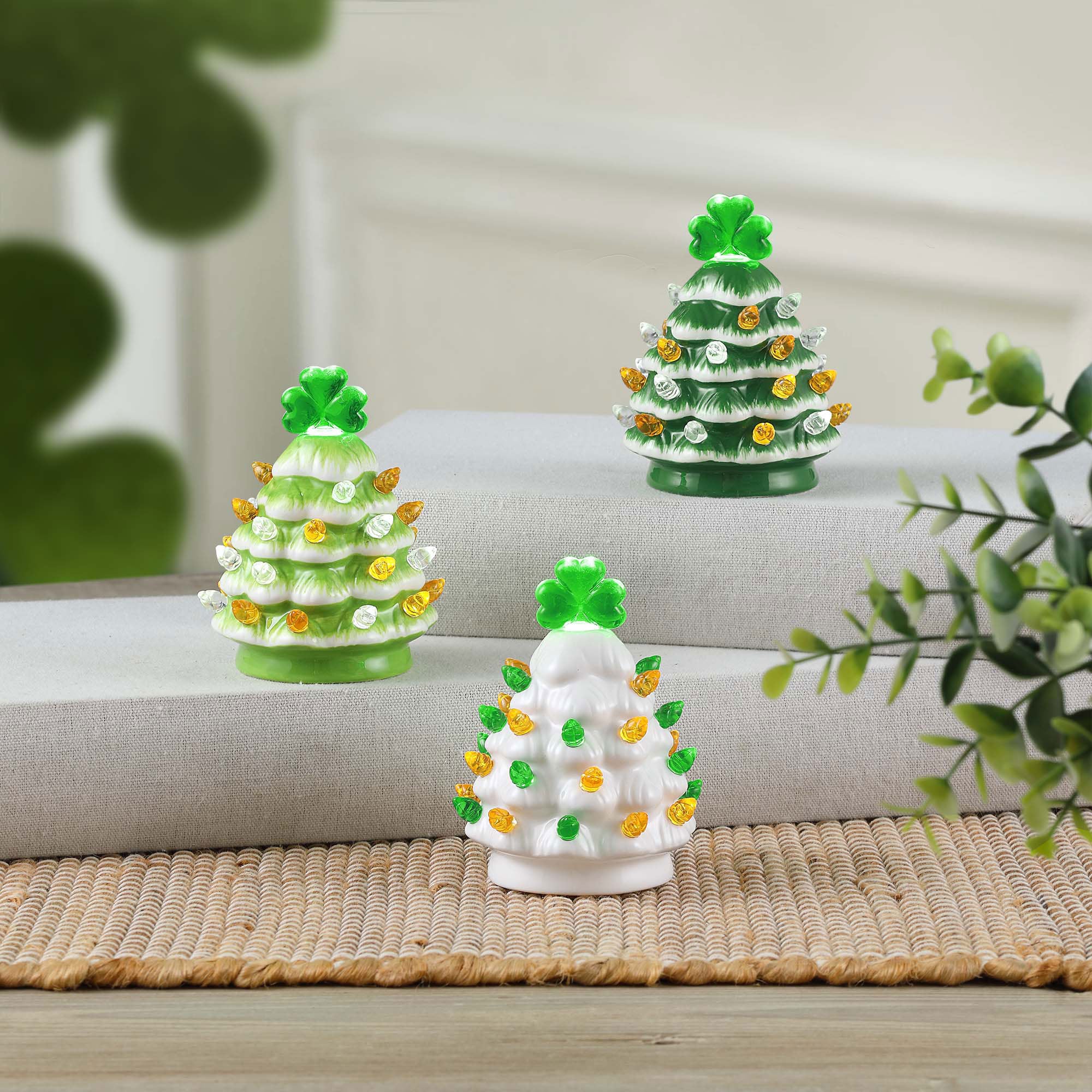Mr. Lucky Set of 3 Ceramic 4.1" Shamrock Trees - Mr. Christmas