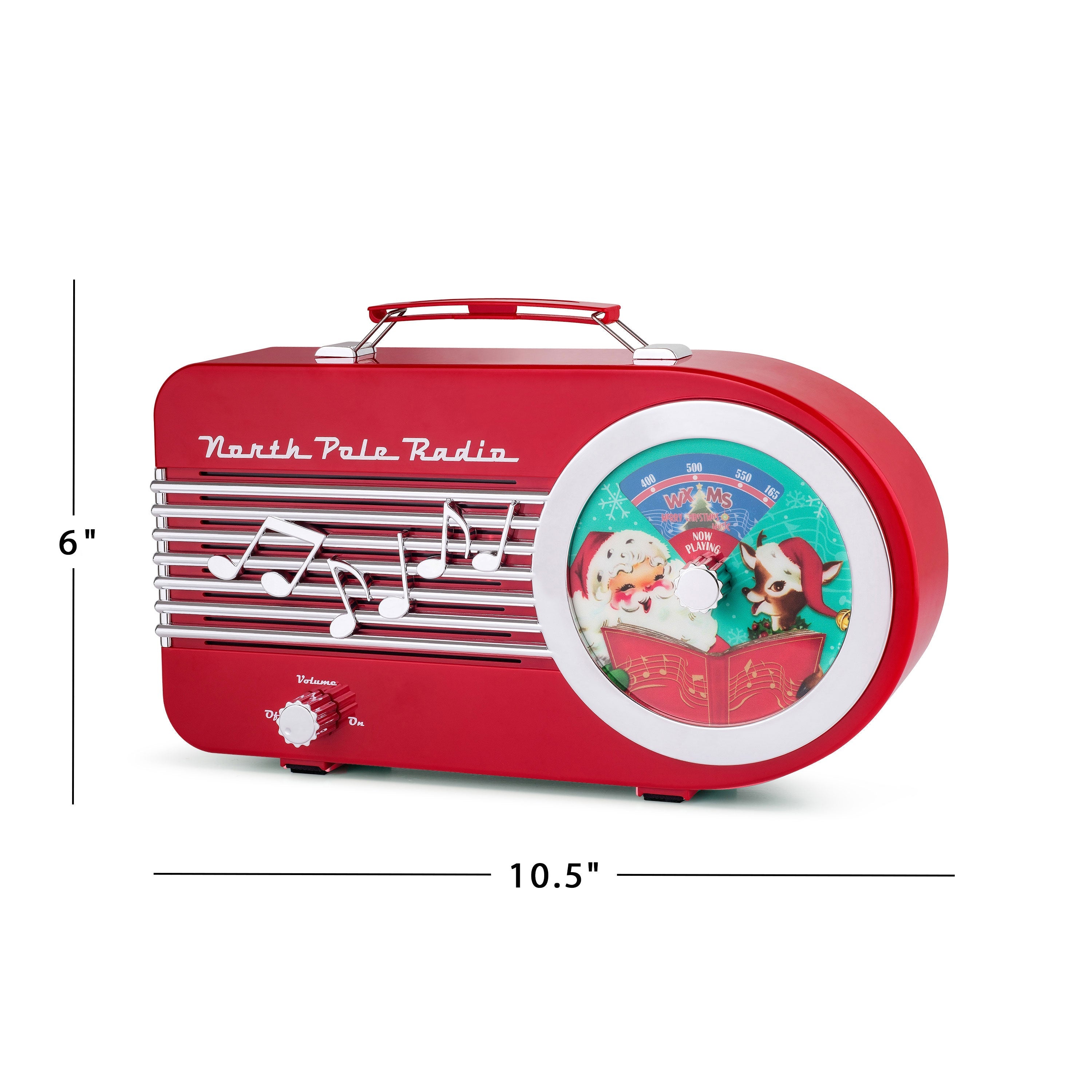 Size reference image of the Mr. Christmas North Pole Radio showing 10.5" wide x 6" tall.