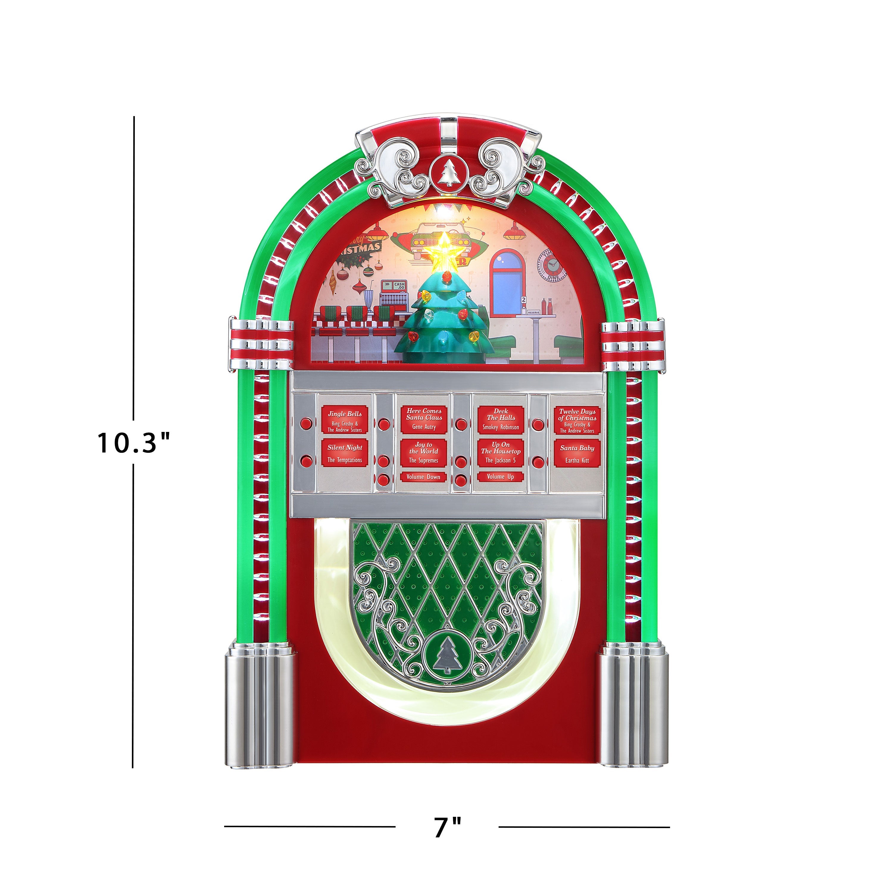 Dimensions of Mr. Christmas Rock-O-Rama Jukebox shown as 7" wide x 4" deep x 10.3" tall.
