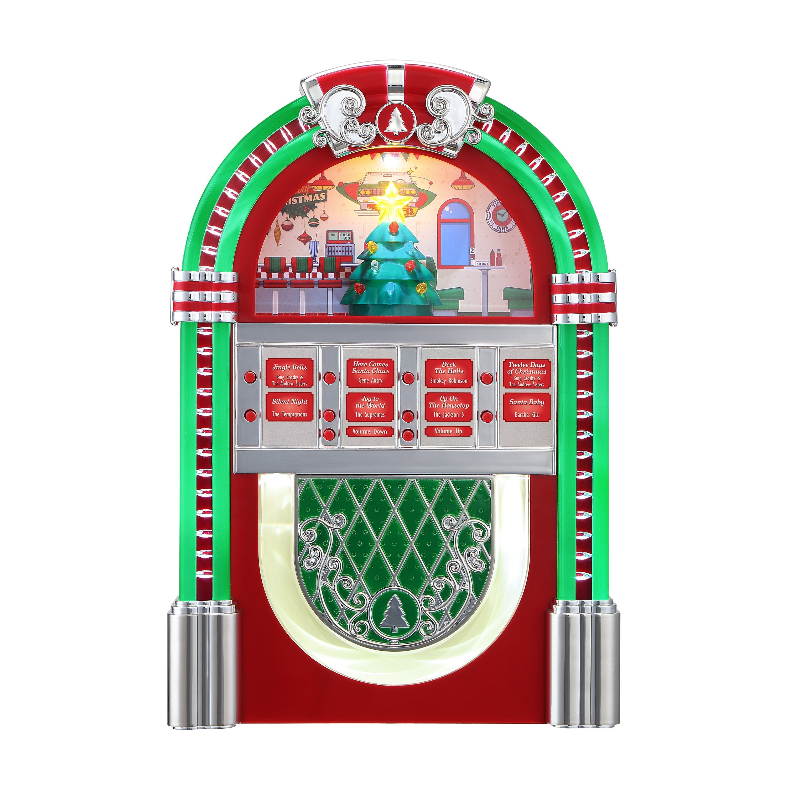 Mr. Christmas Rock-O-Rama Jukebox with vintage 1950s design, lit and ready to play holiday music, shown on a white background.