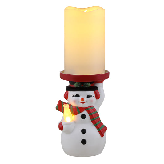 6" Ceramic Lit Snowman Candle Holder and Flameless Candle