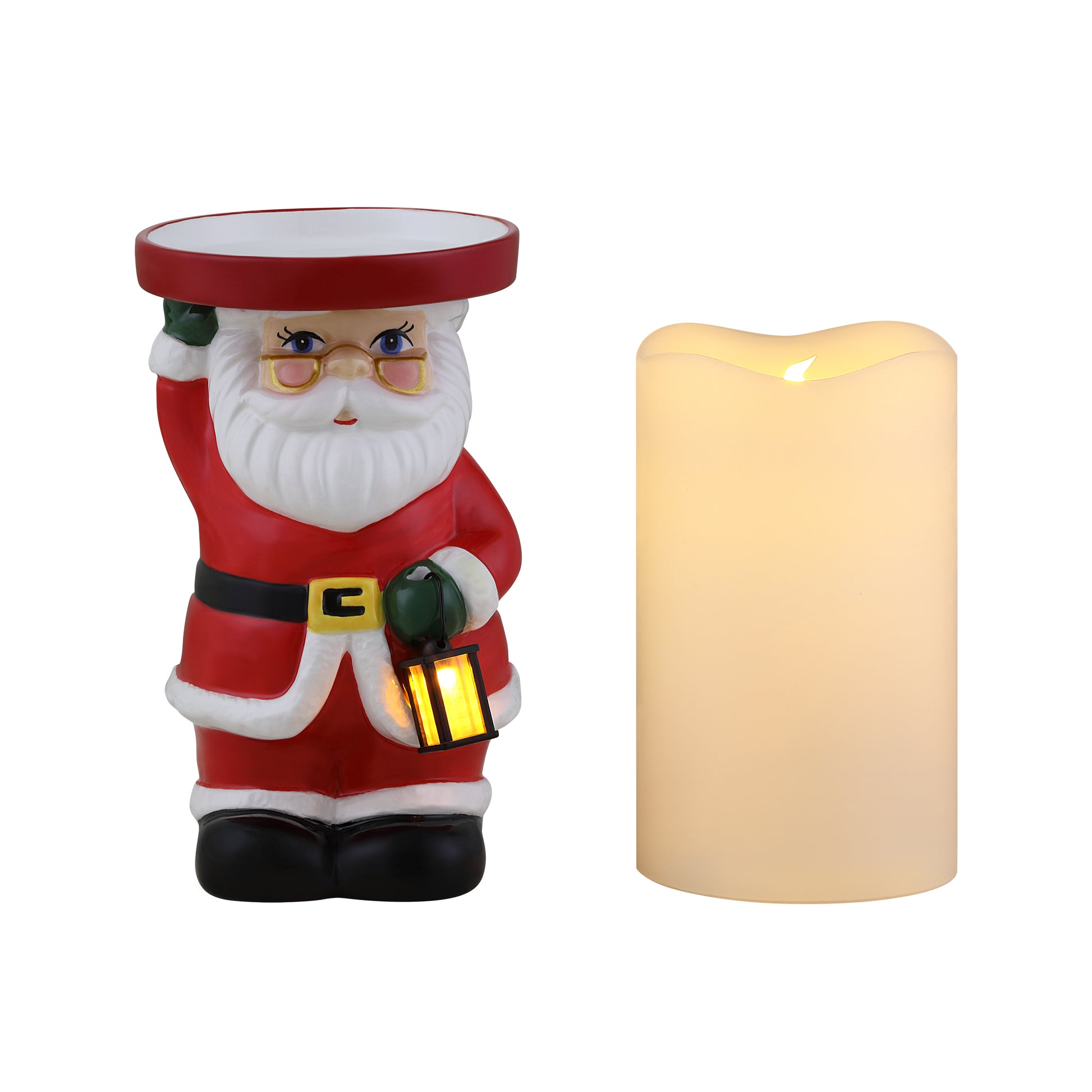 6" Ceramic Lit Santa Candle Holder and Flameless Candle