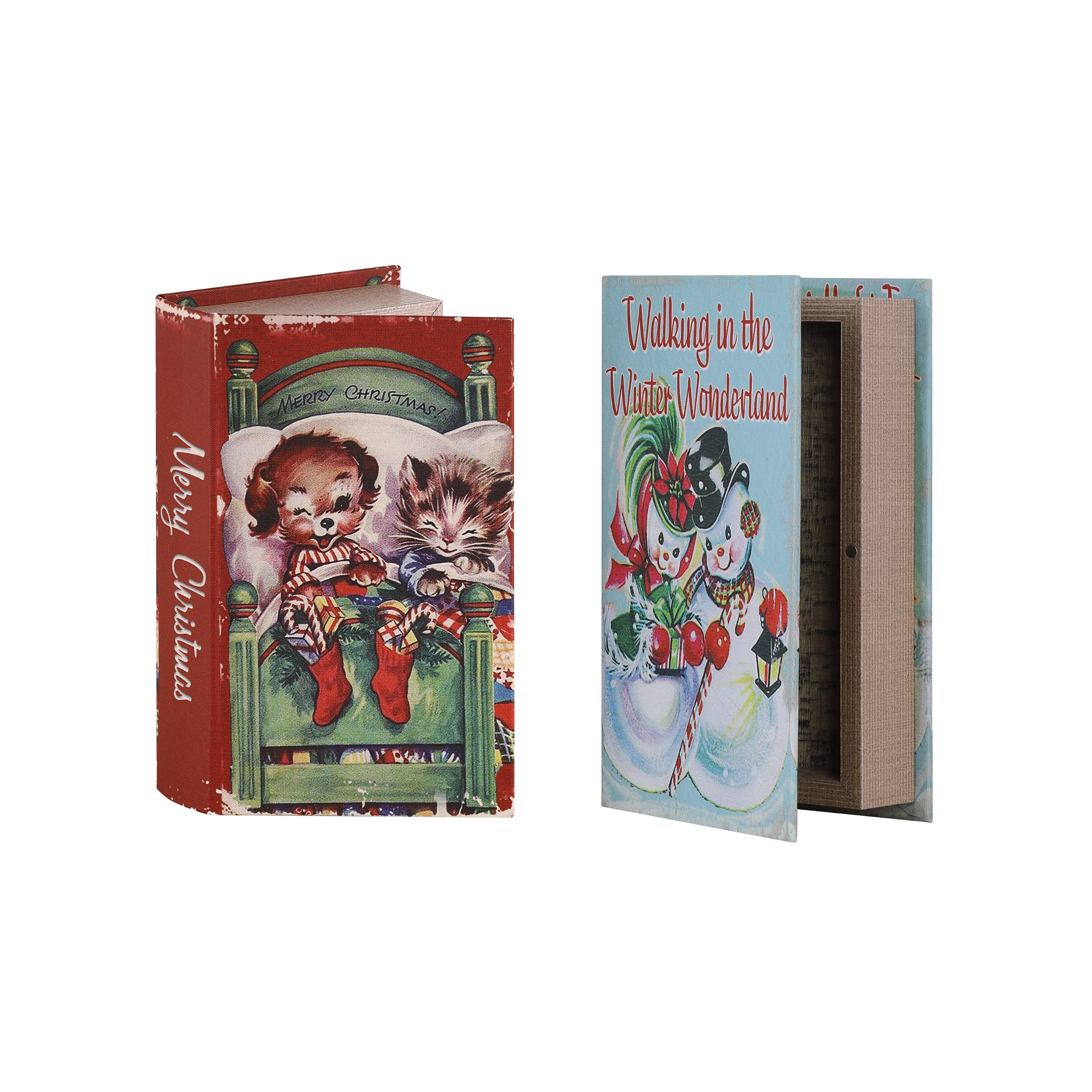 Two vintage-style books with Christmas-themed illustrations on a white background
