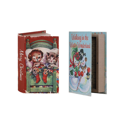 Two vintage-style books with Christmas-themed illustrations on a white background